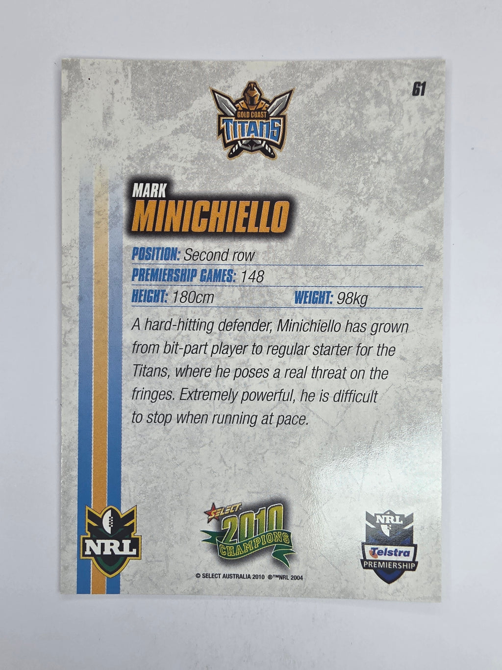 NRL 2010 Champions Base Card #61 Mark Minichiello Gold Coast Titans