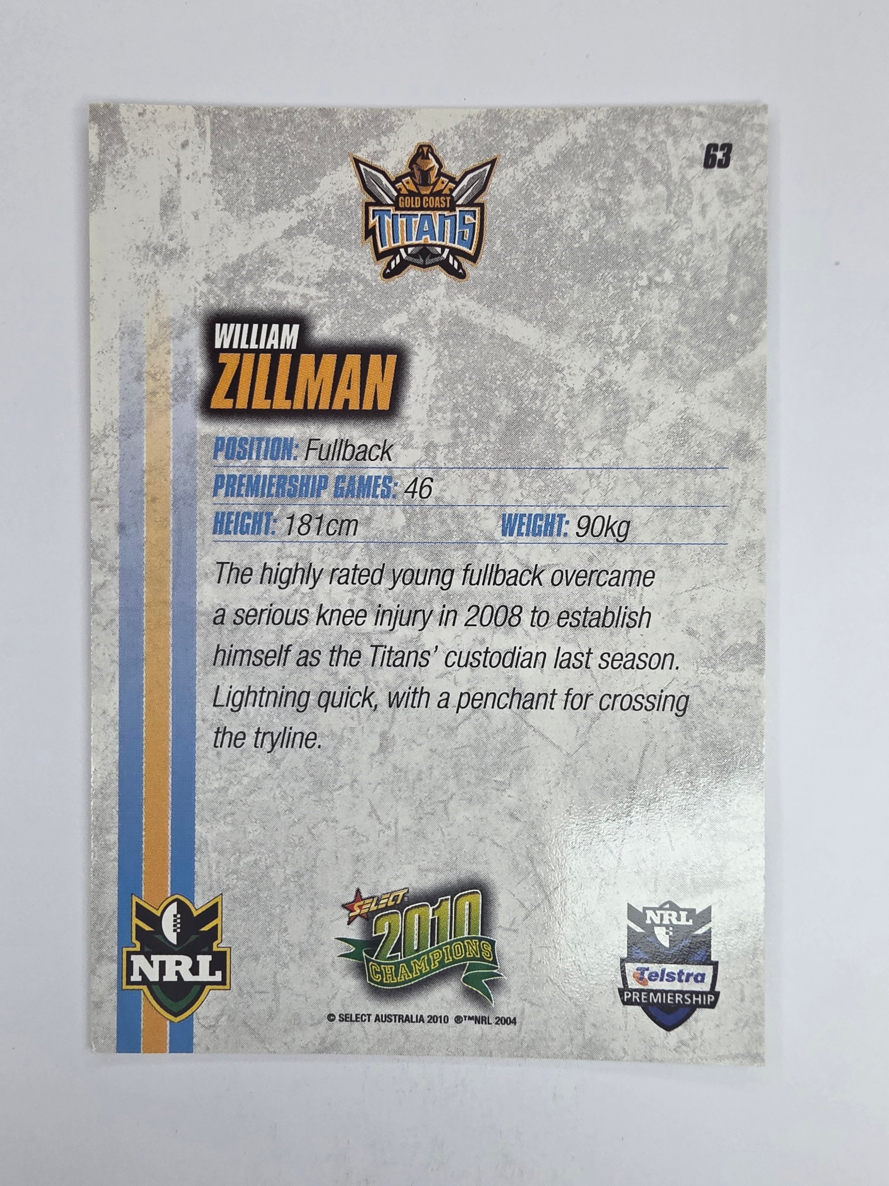 NRL 2010 Champions Base Card #63 William Zillman Gold Coast Titans