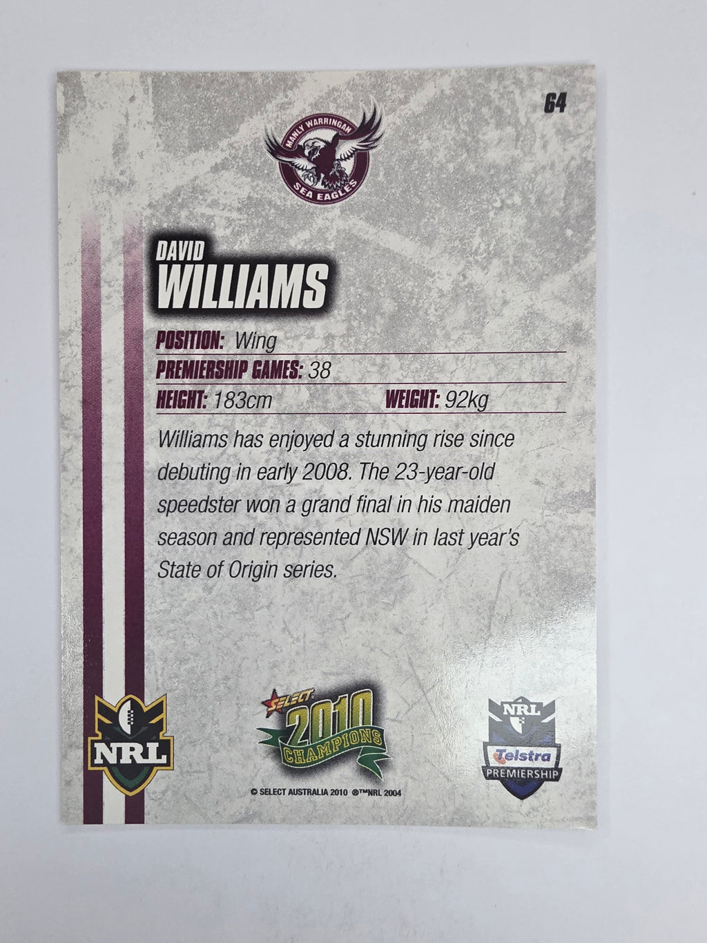 NRL 2010 Champions Base Card #64 David Williams Manly Warringah Sea Eagles