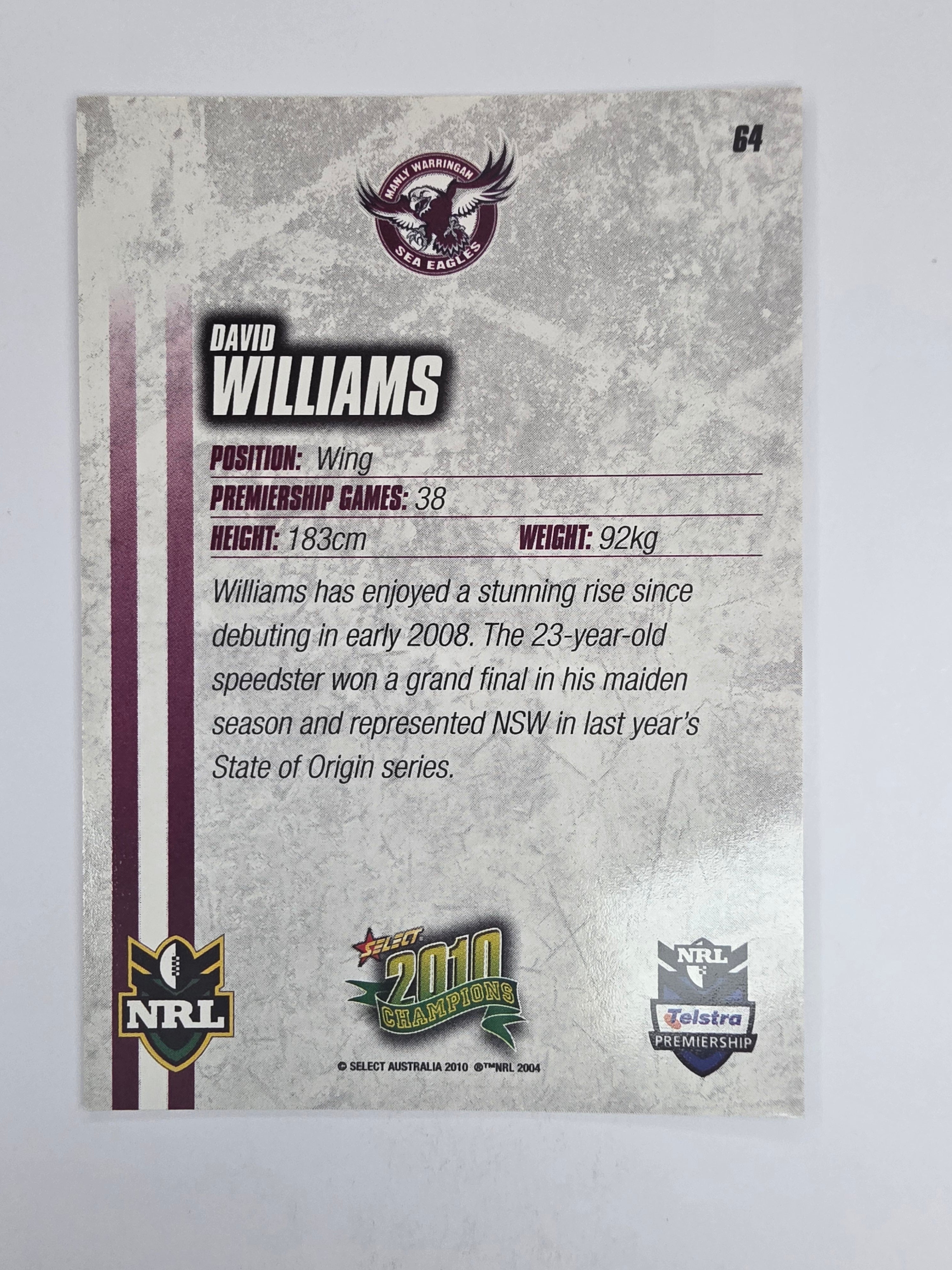 NRL 2010 Champions Base Card #64 David Williams Manly Warringah Sea Eagles