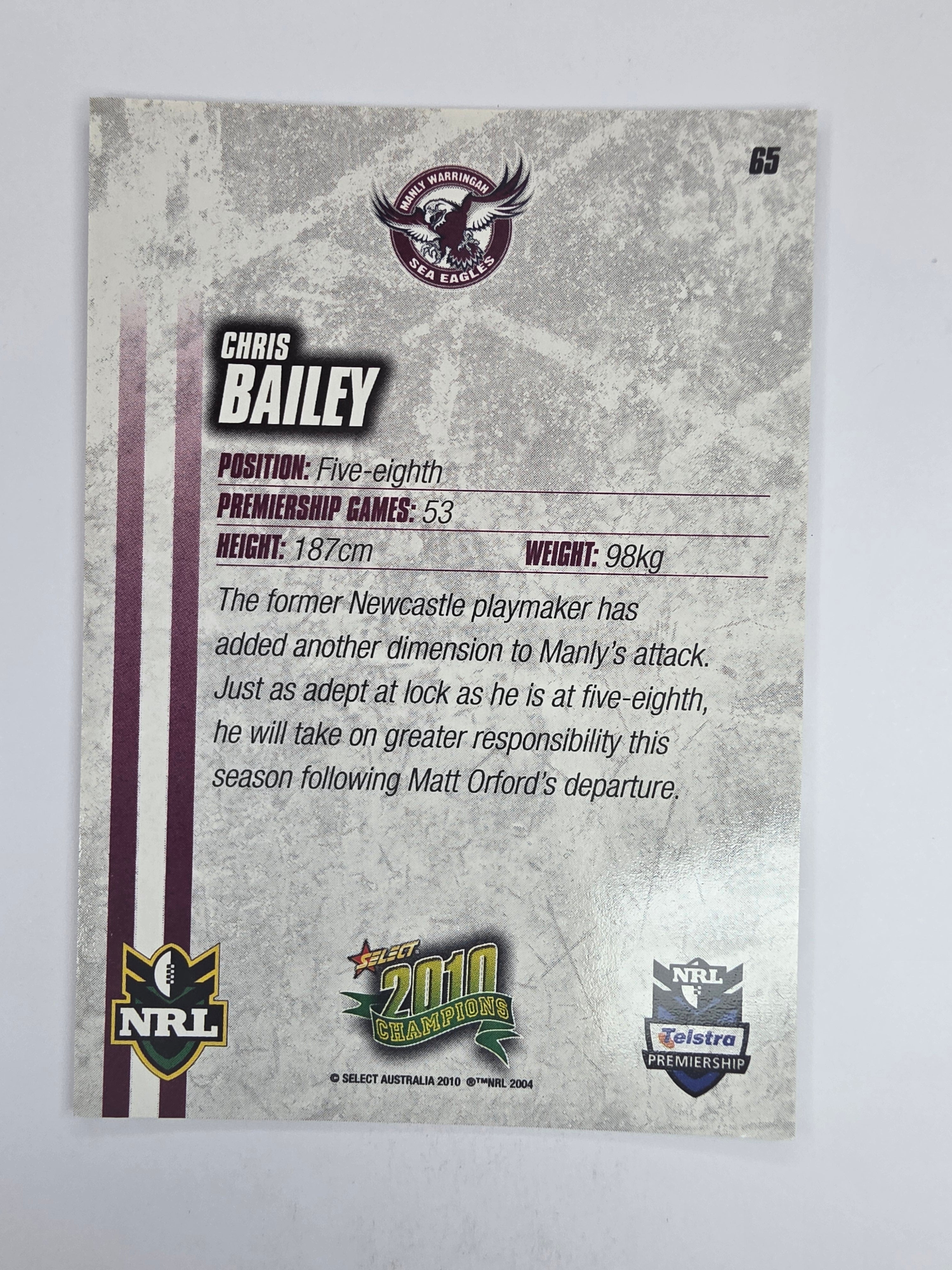 NRL 2010 Champions Base Card #65 Chris Bailey Manly Warringah Sea Eagles