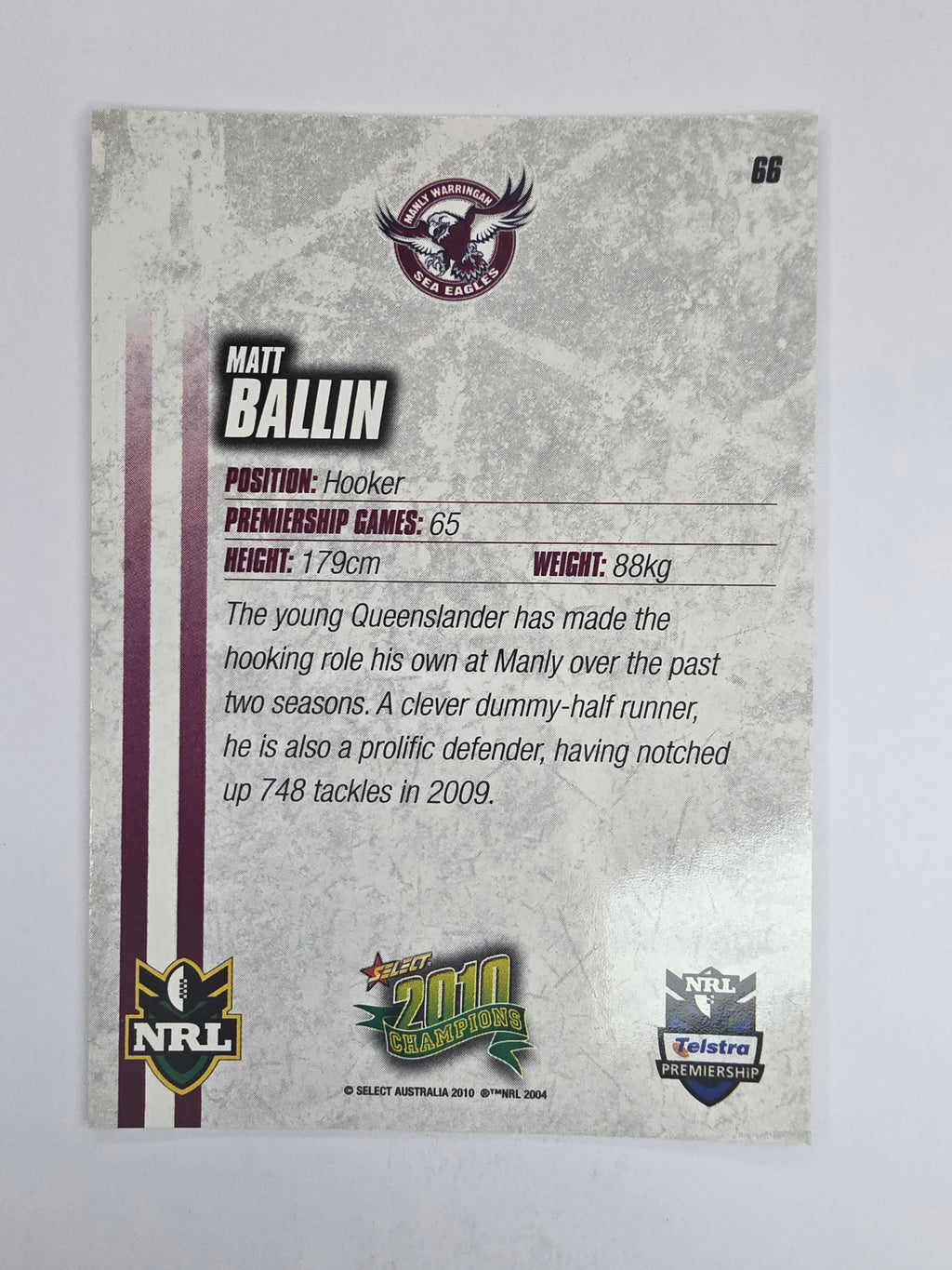 NRL 2010 Champions Base Card #66 Matt Ballin Manly Warringah Sea Eagles