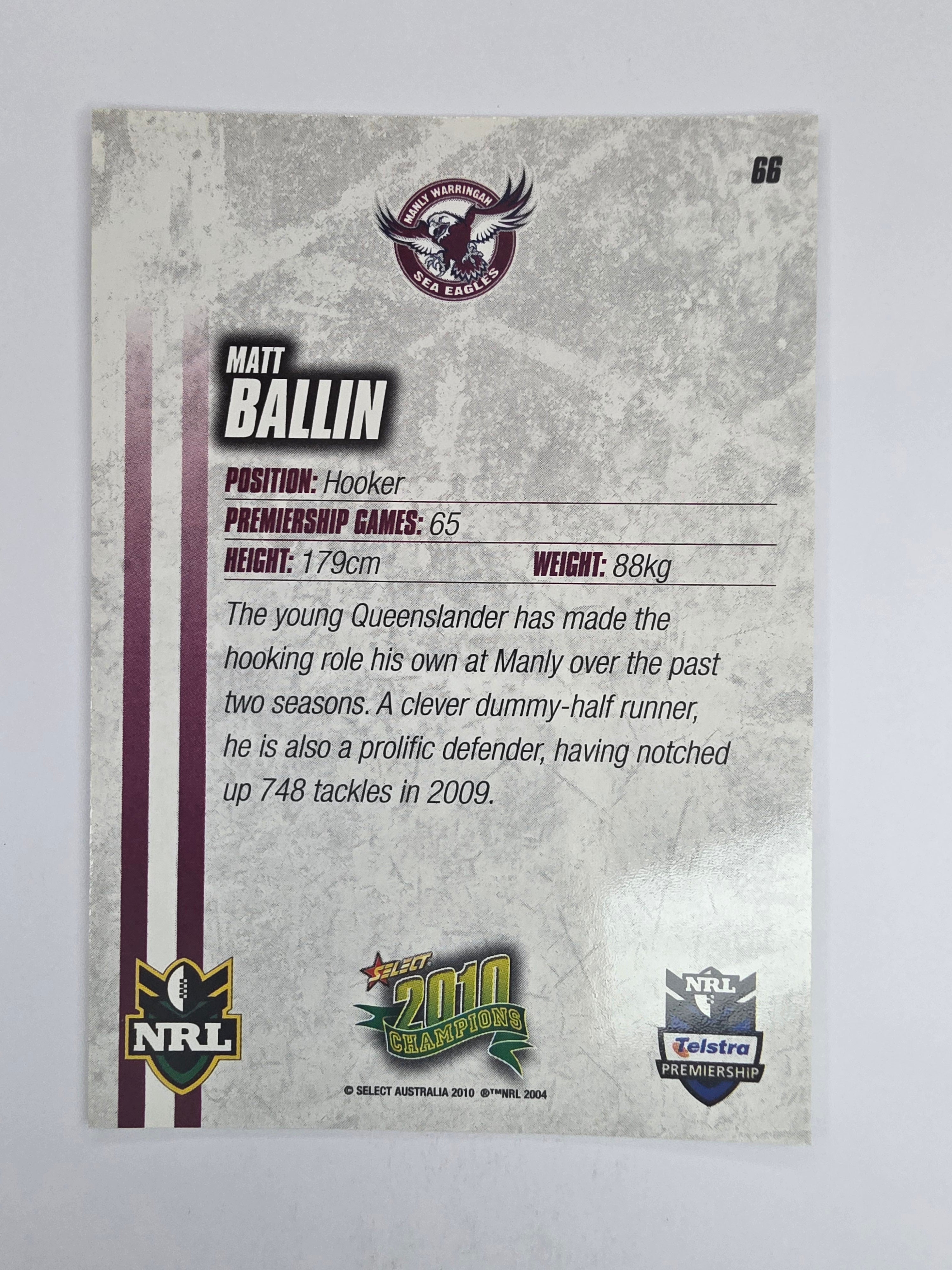 NRL 2010 Champions Base Card #66 Matt Ballin Manly Warringah Sea Eagles