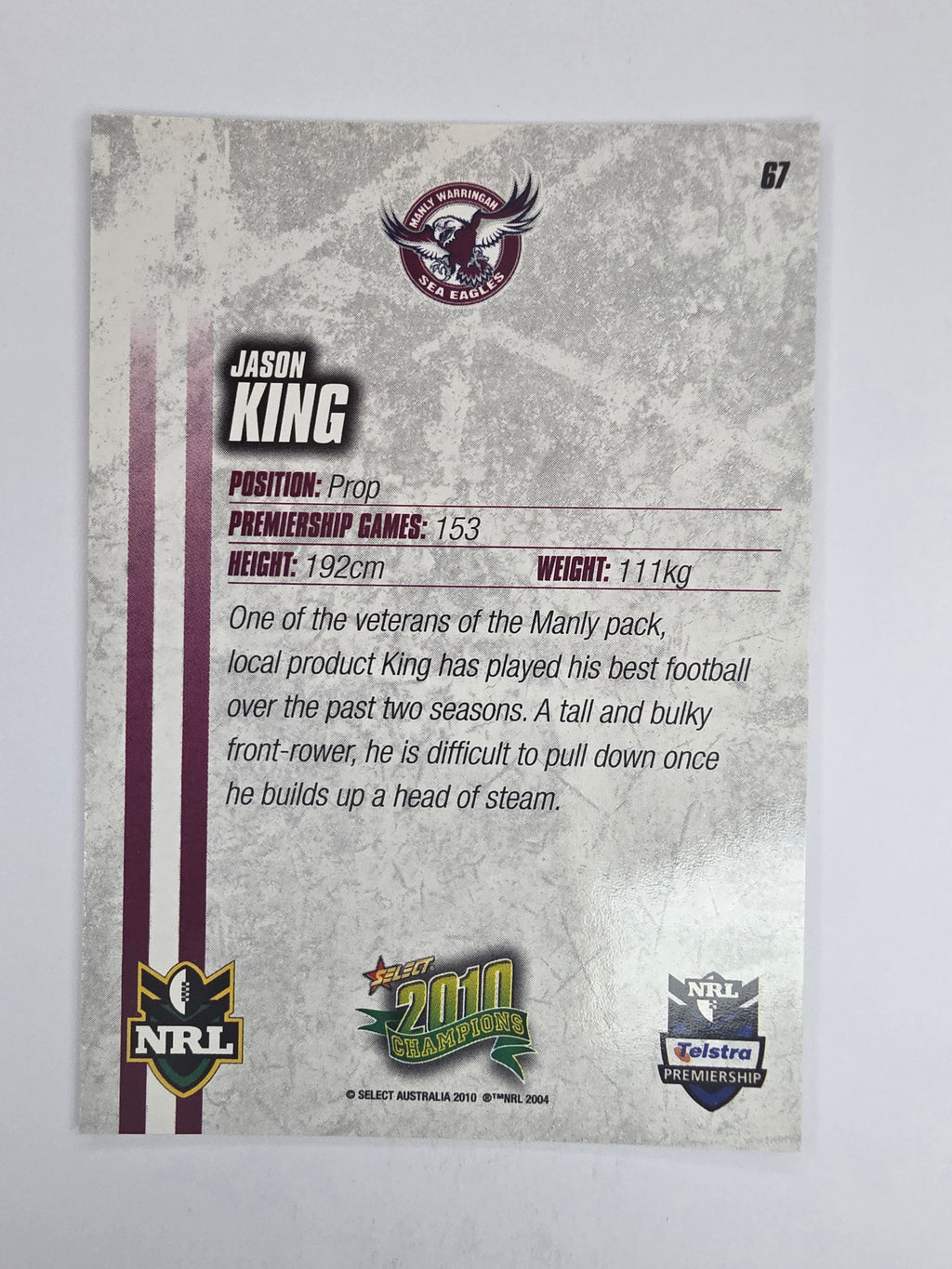 NRL 2010 Champions Base Card #67 Jason King Manly Warringah Sea Eagles