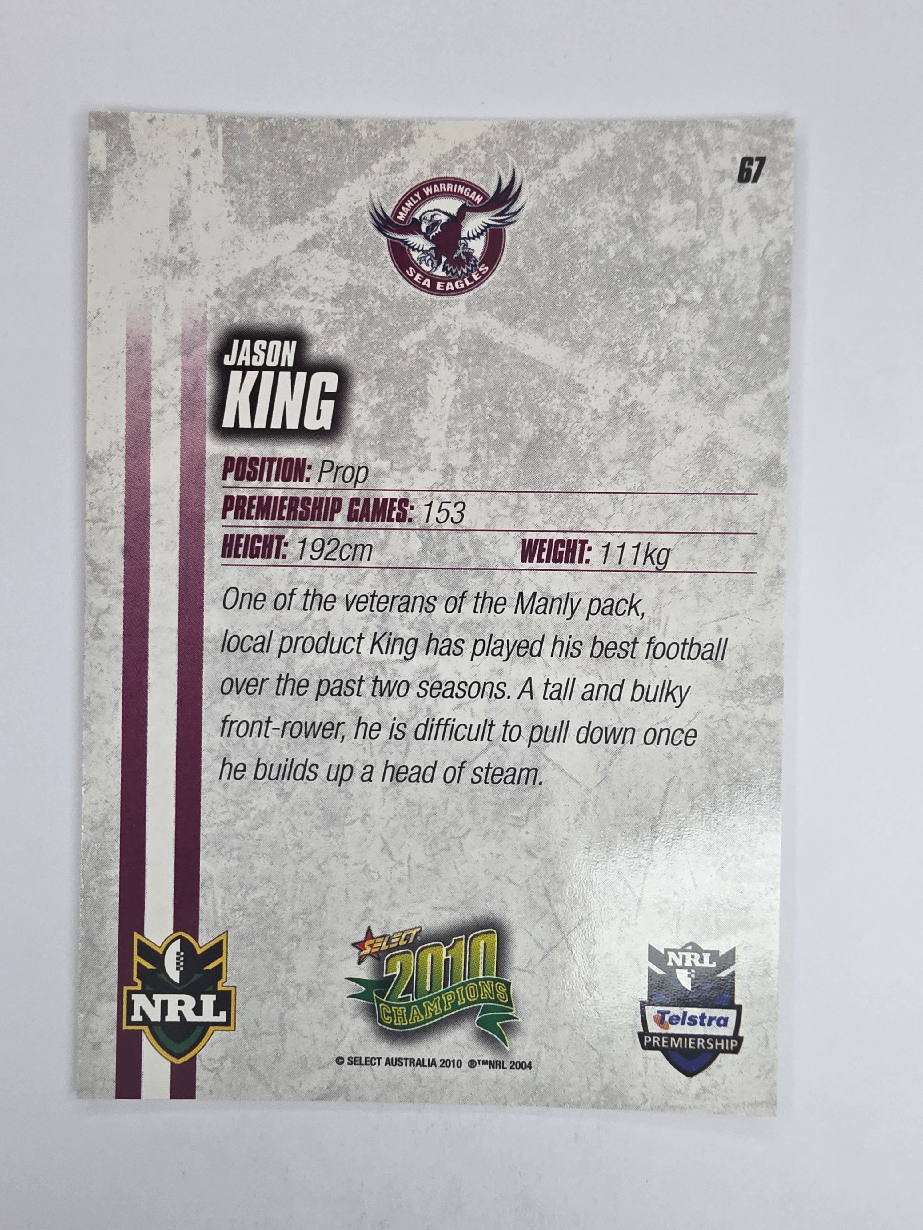 NRL 2010 Champions Base Card #67 Jason King Manly Warringah Sea Eagles