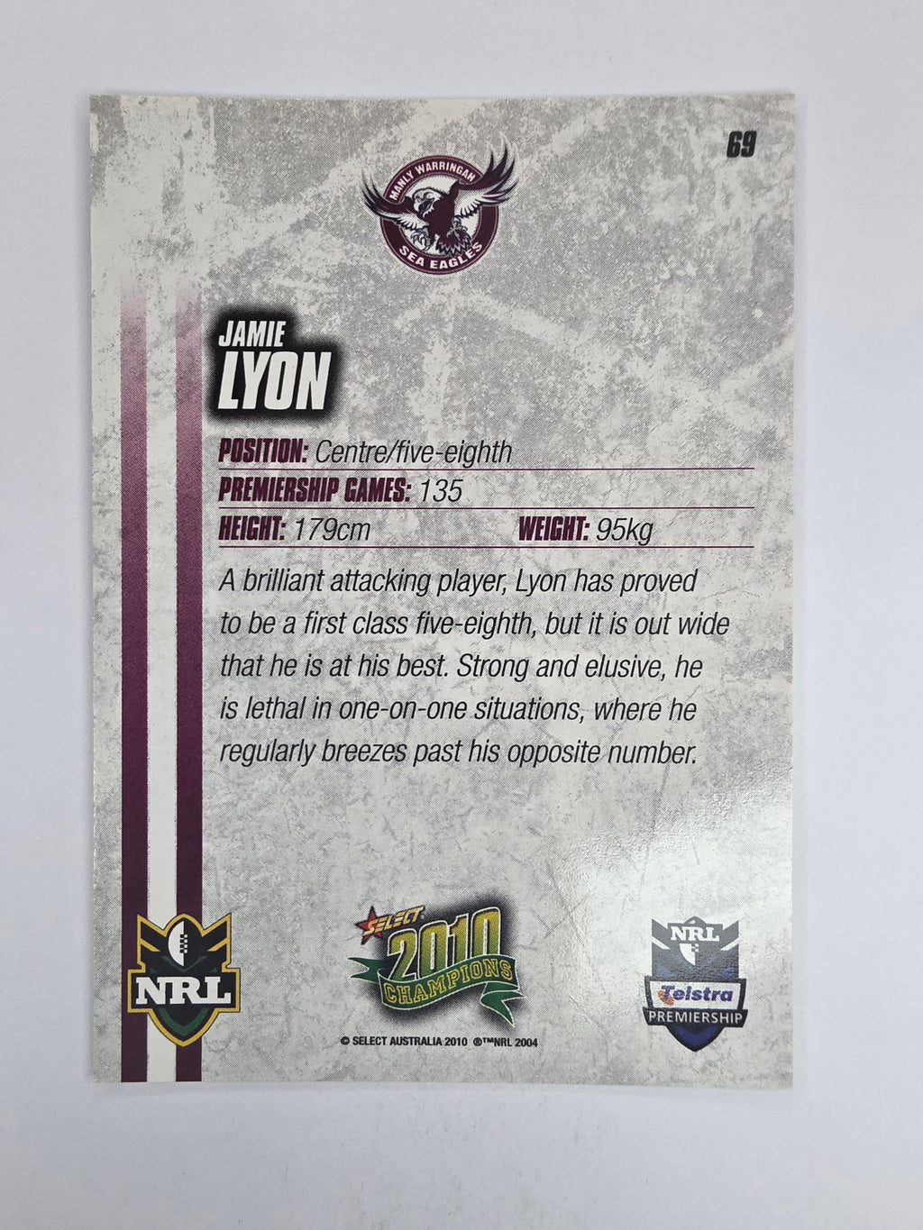 NRL 2010 Champions Base Card #69 Jamie Lyon Manly Warringah Sea Eagles