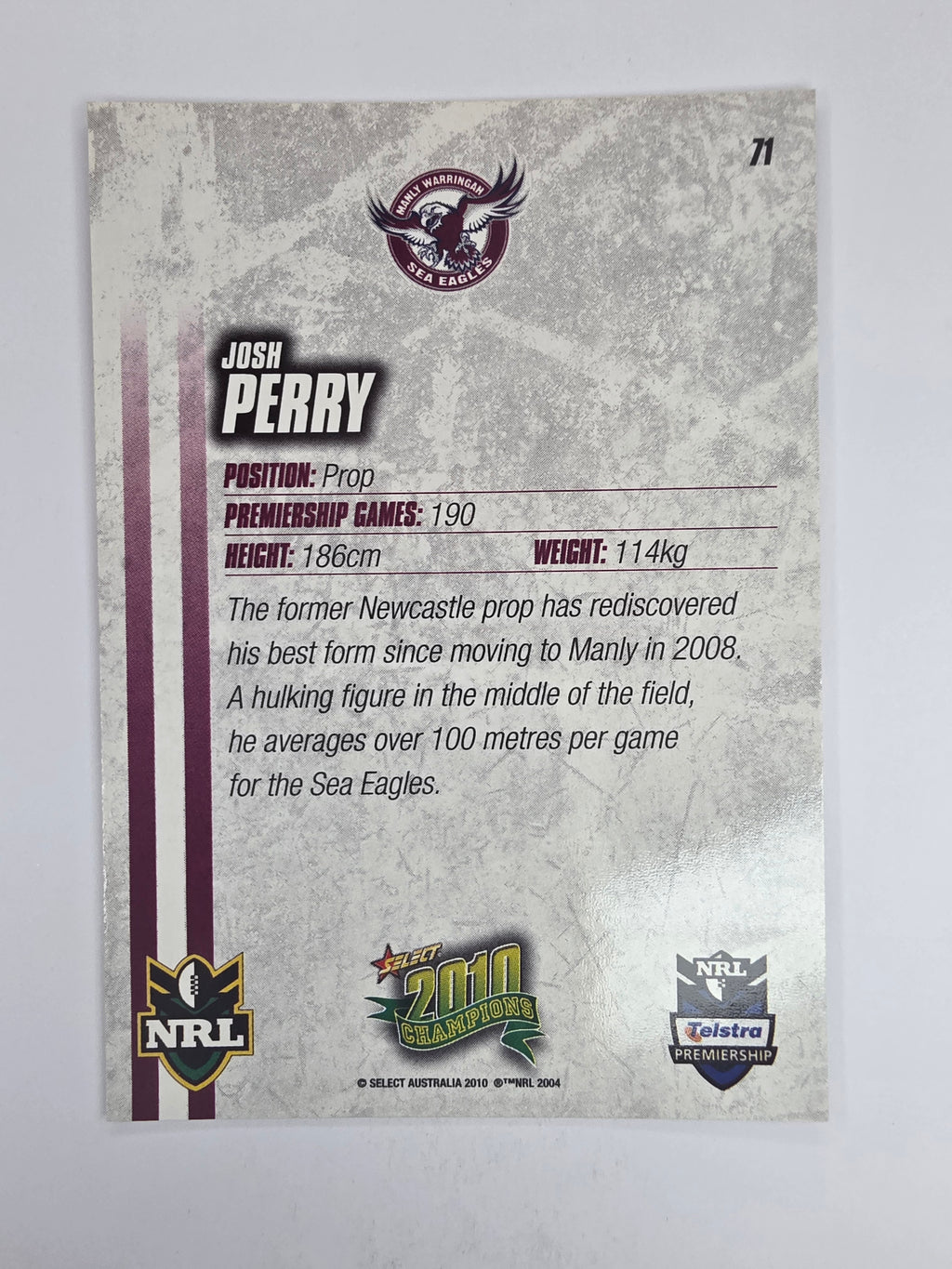 NRL 2010 Champions Base Card #71 Josh Perry Manly Warringah Sea Eagles