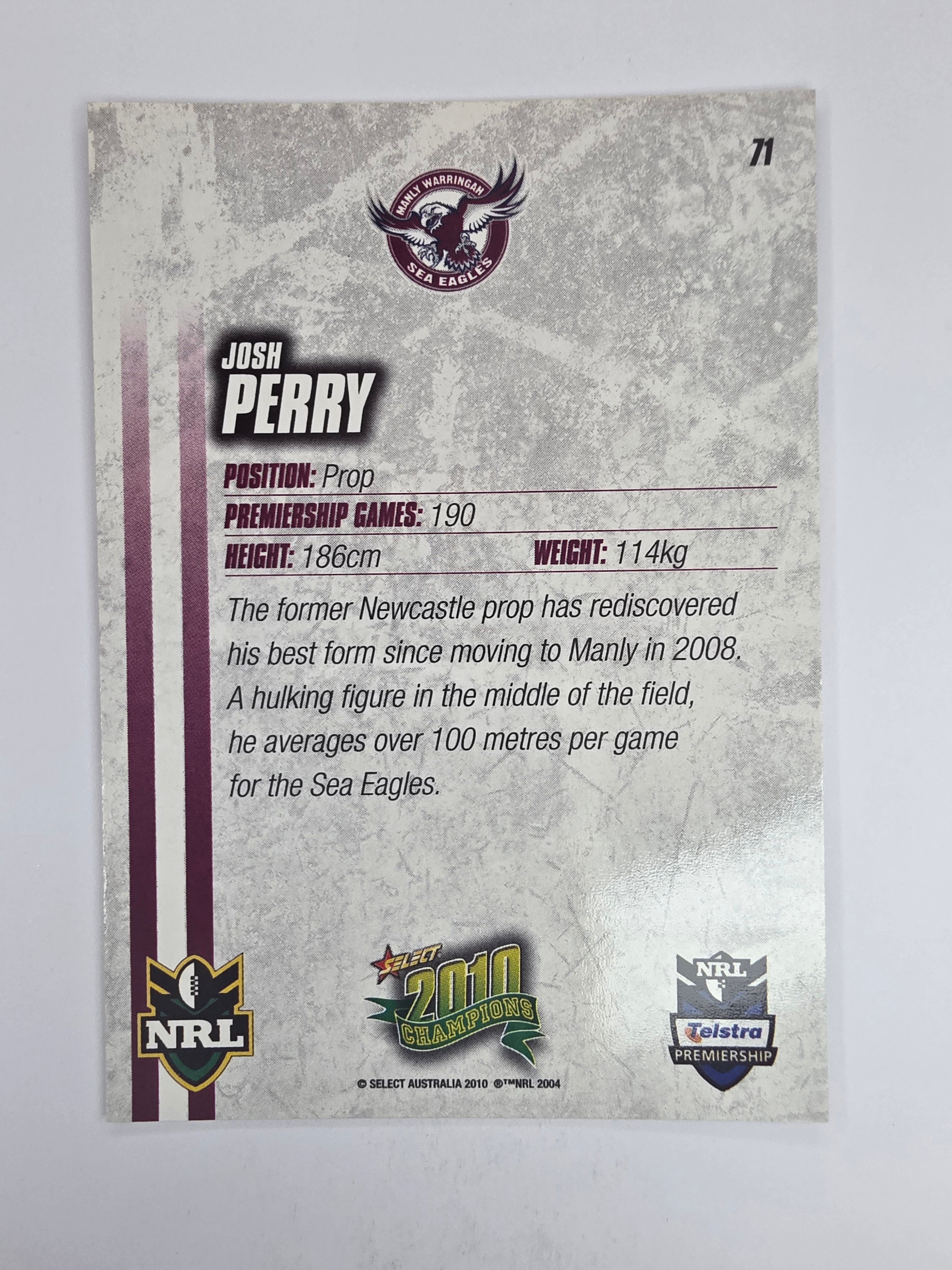 NRL 2010 Champions Base Card #71 Josh Perry Manly Warringah Sea Eagles