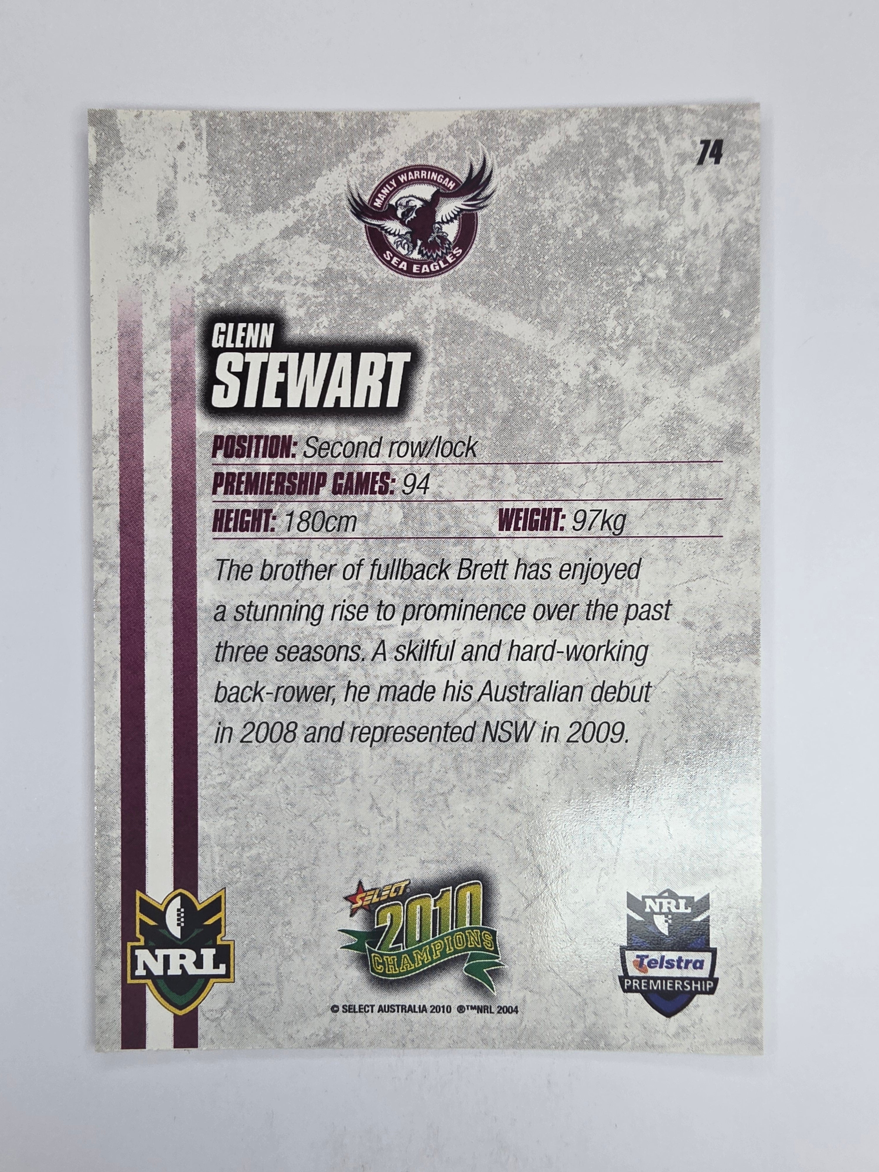 NRL 2010 Champions Base Card #74 Glenn Stewart Manly Warringah Sea Eagles
