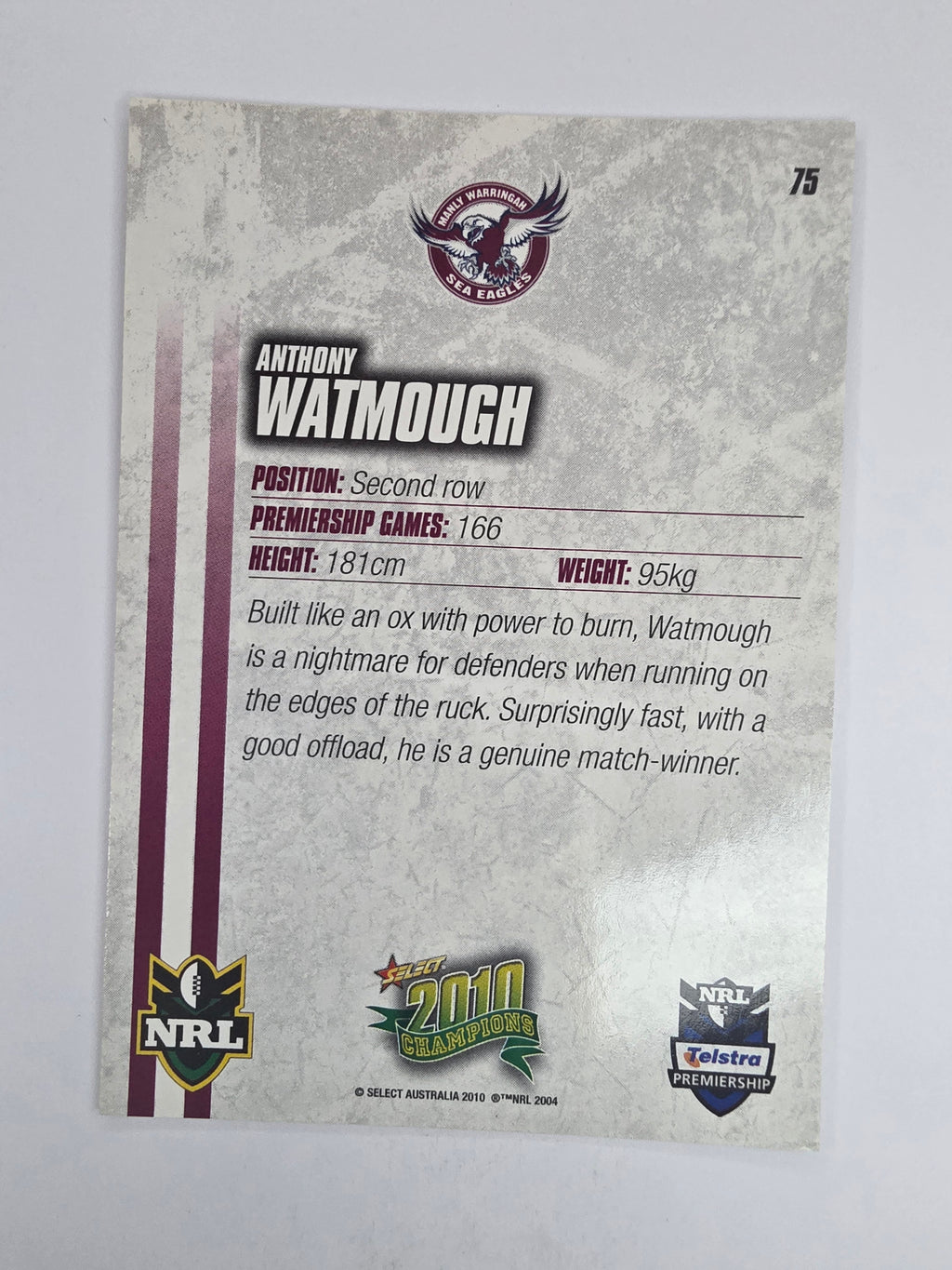 NRL 2010 Champions Base Card #75 Anthony Watmough Manly Warringah Sea Eagles