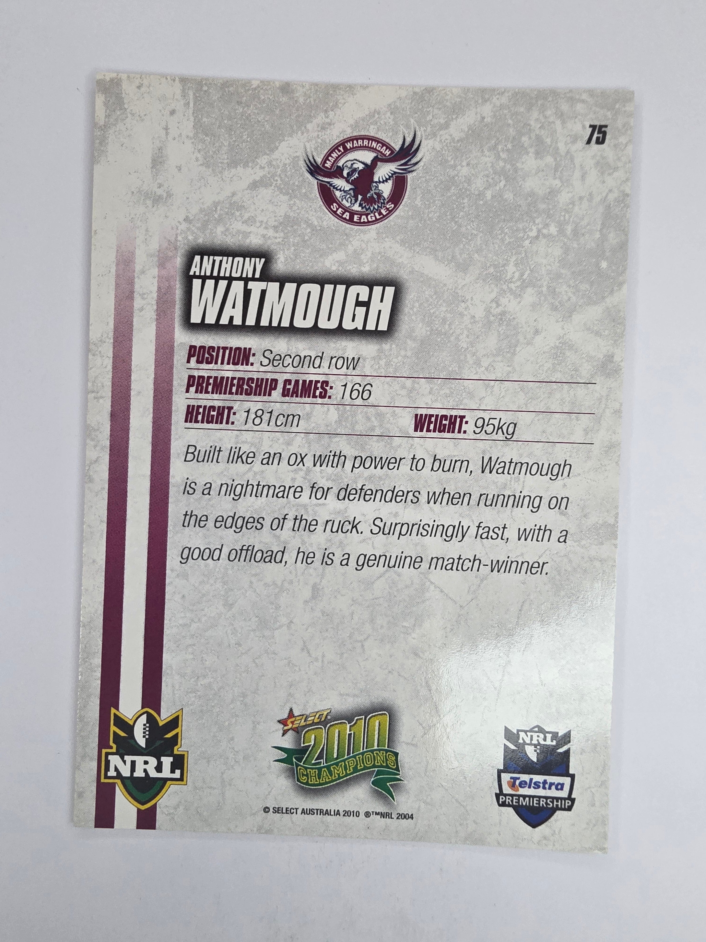 NRL 2010 Champions Base Card #75 Anthony Watmough Manly Warringah Sea Eagles