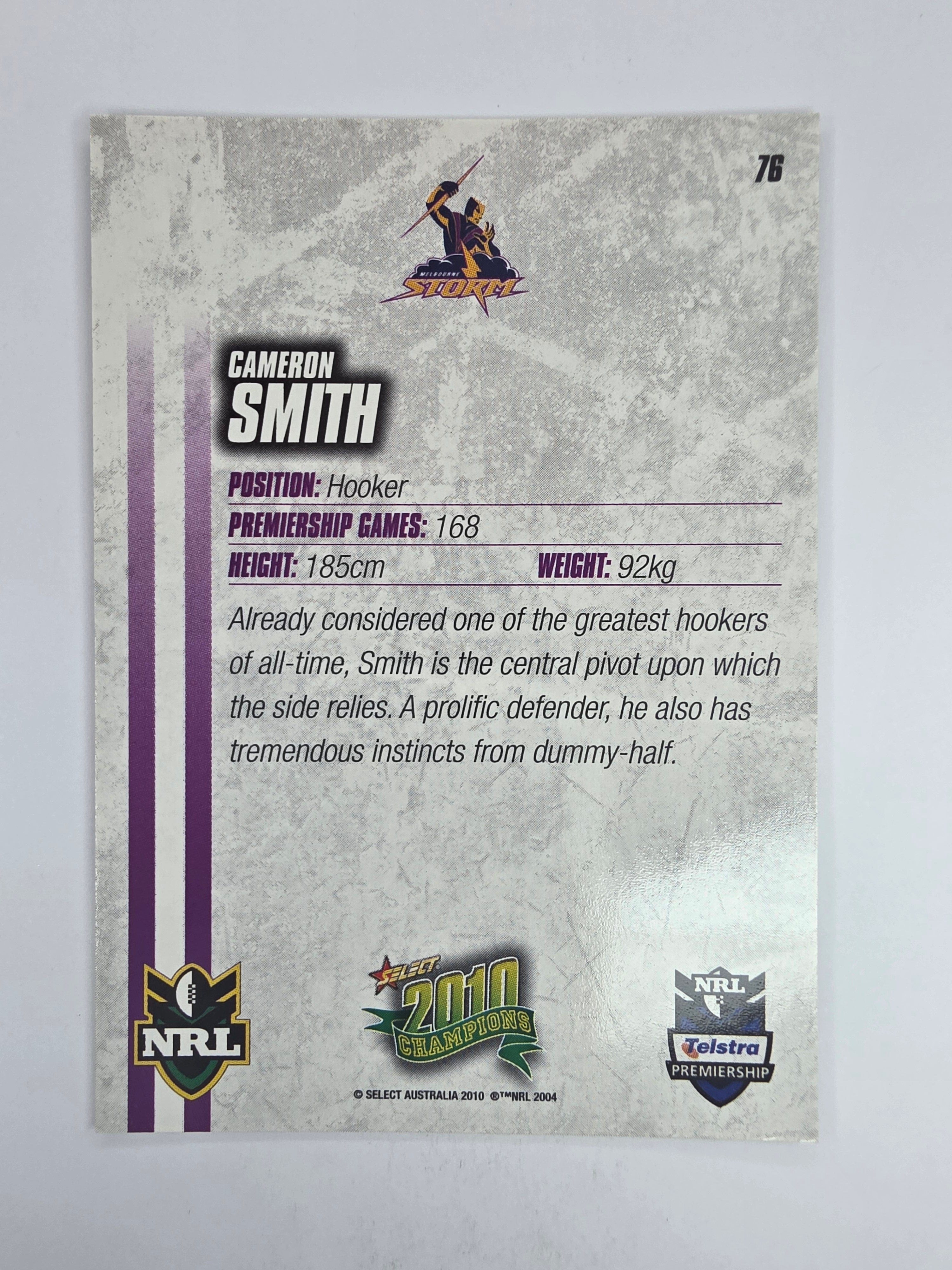 NRL 2010 Champions Base Card #76 Cameron Smith Melbourne Storm
