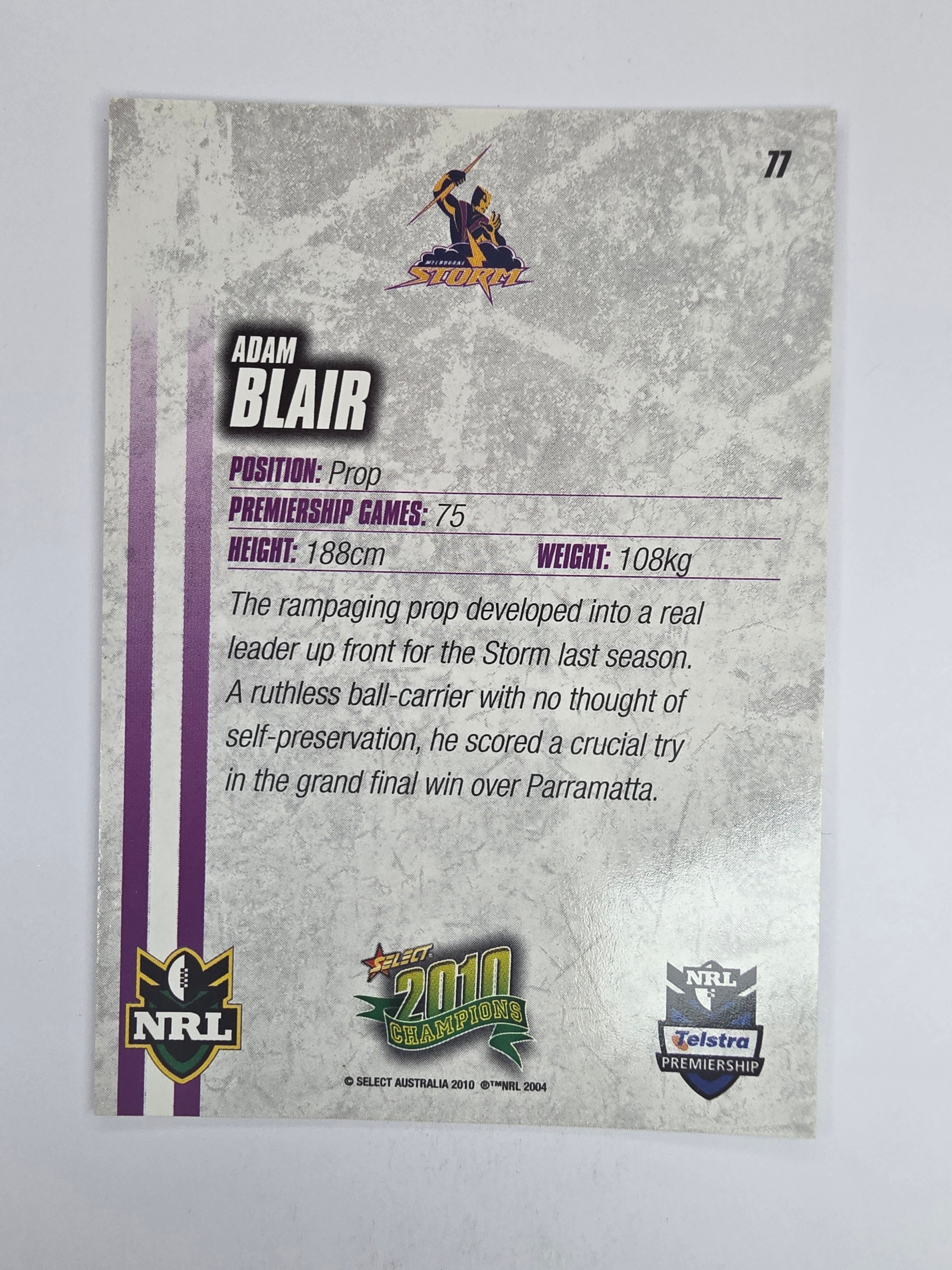 NRL 2010 Champions Base Card #77 Adam Blair Melbourne Storm