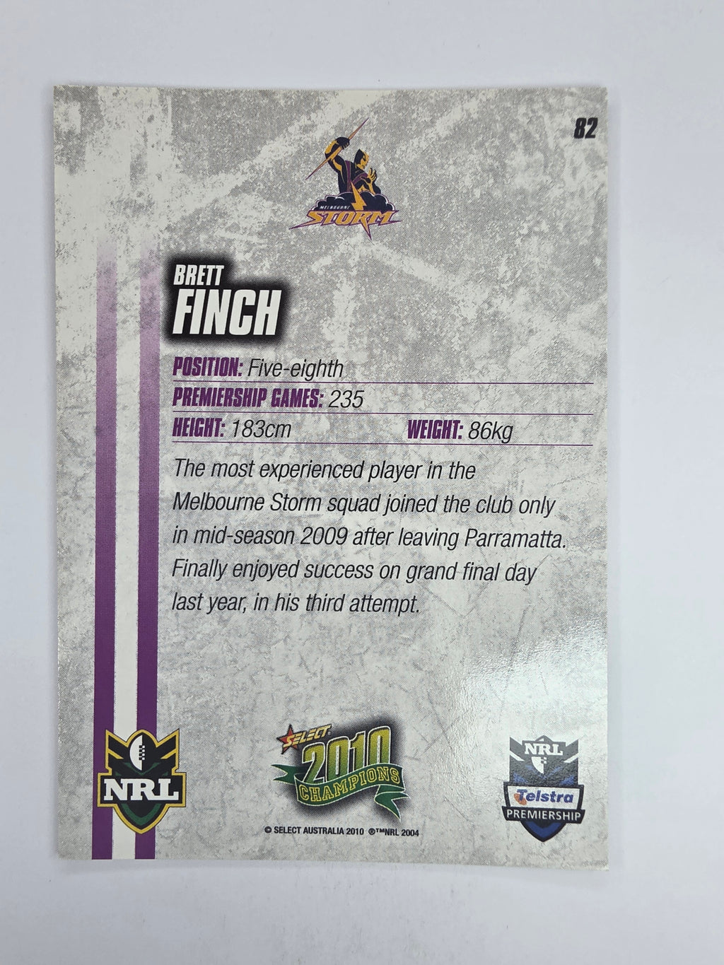 NRL 2010 Champions Base Card #82 Brett Finch Melbourne Storm
