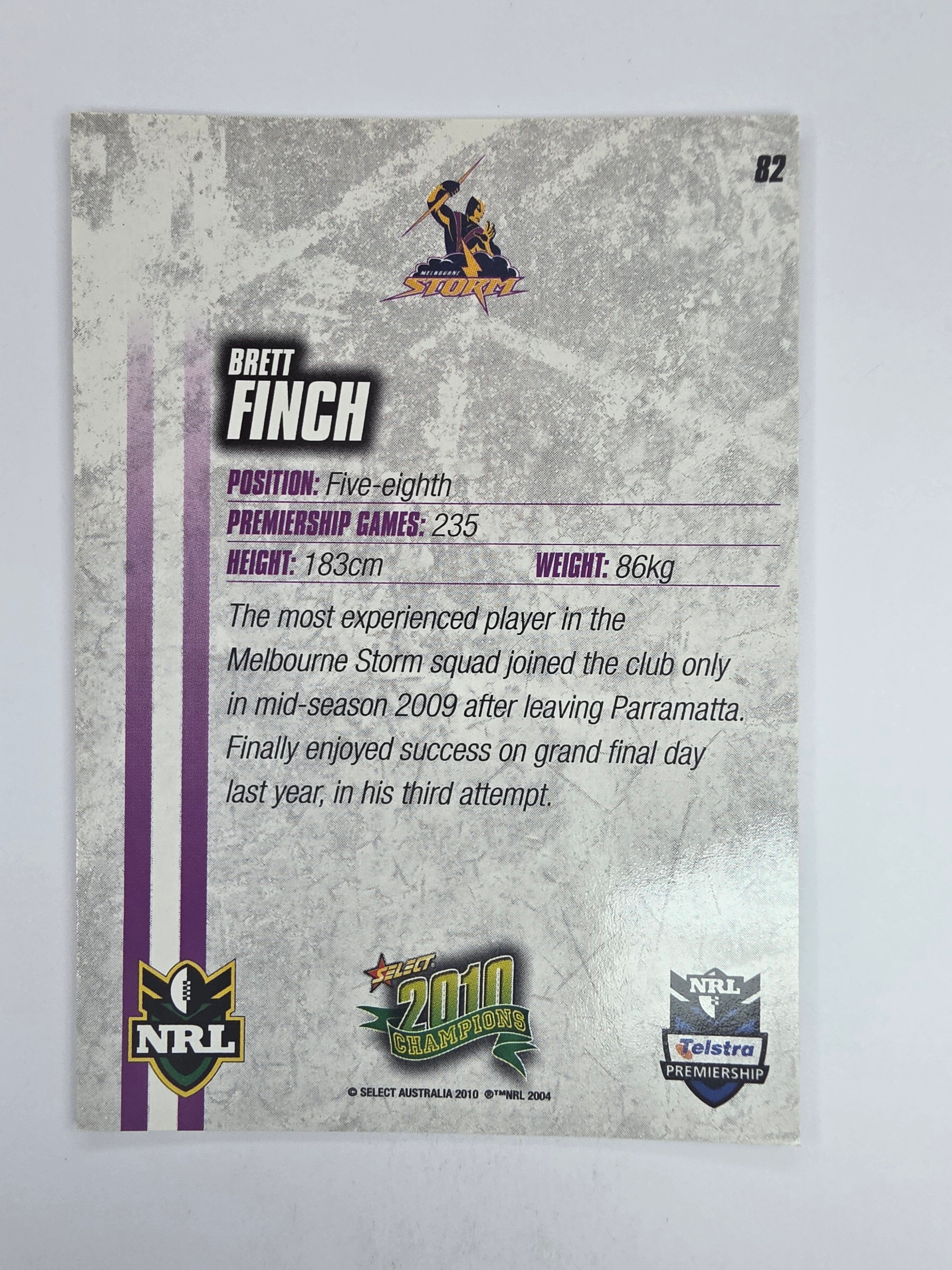 NRL 2010 Champions Base Card #82 Brett Finch Melbourne Storm