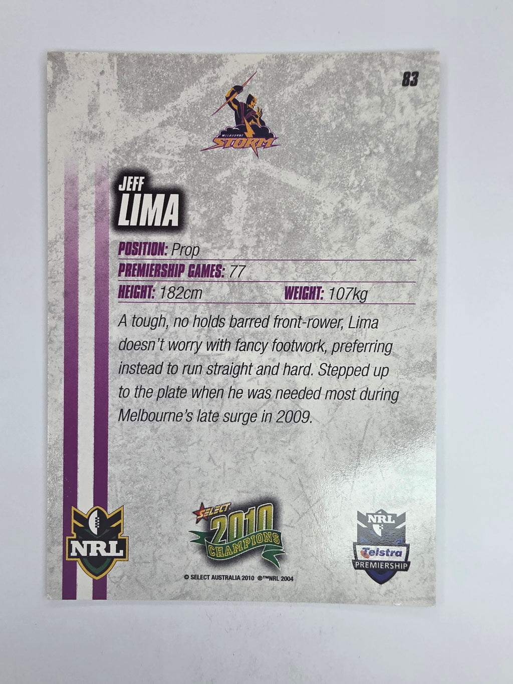 NRL 2010 Champions Base Card #83 Jeff Lima Melbourne Storm