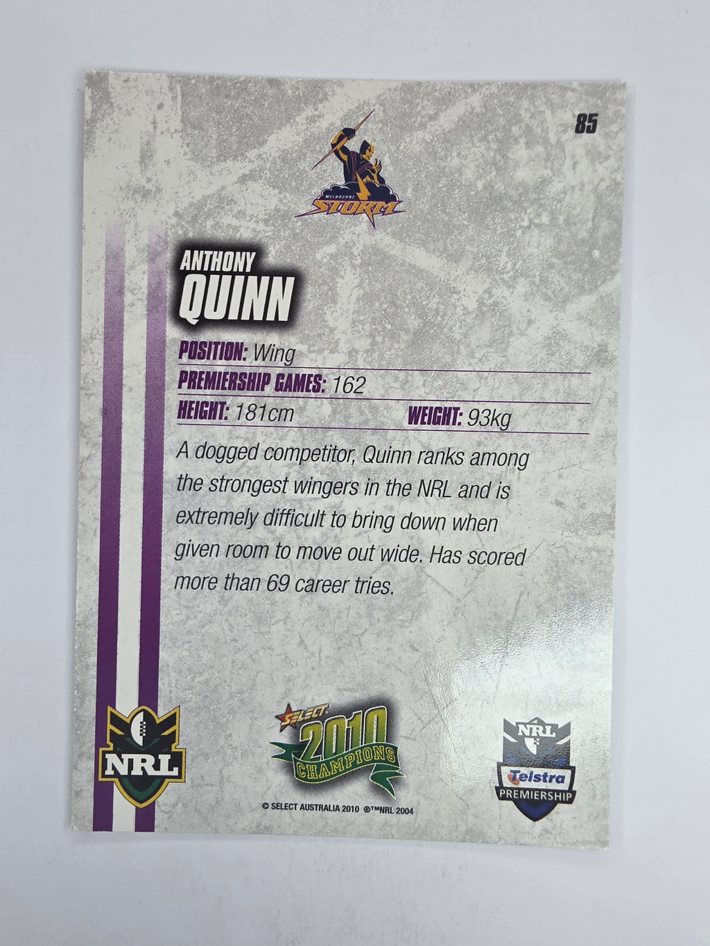 NRL 2010 Champions Base Card #85 Anthony Quinn Melbourne Storm