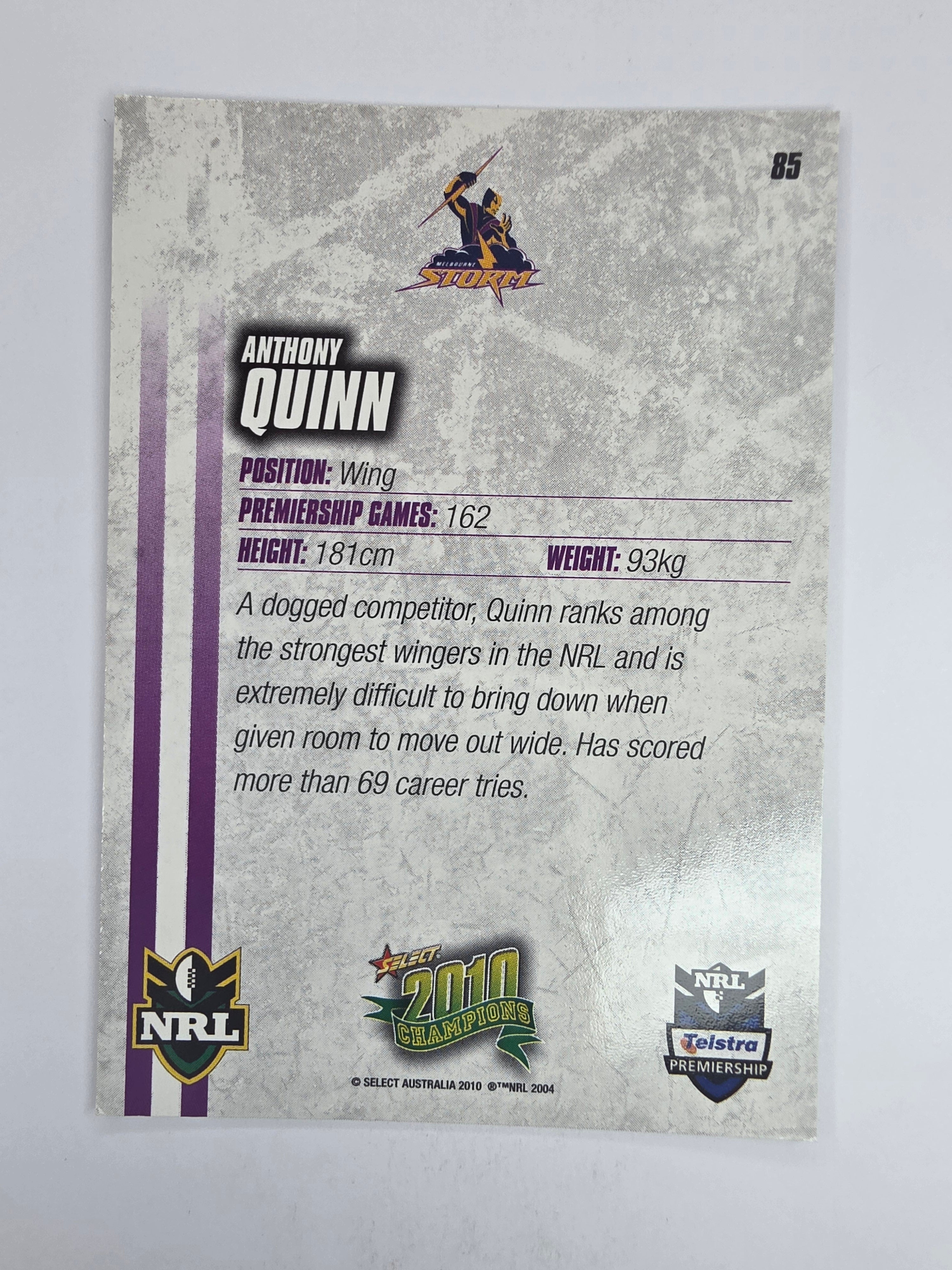 NRL 2010 Champions Base Card #85 Anthony Quinn Melbourne Storm