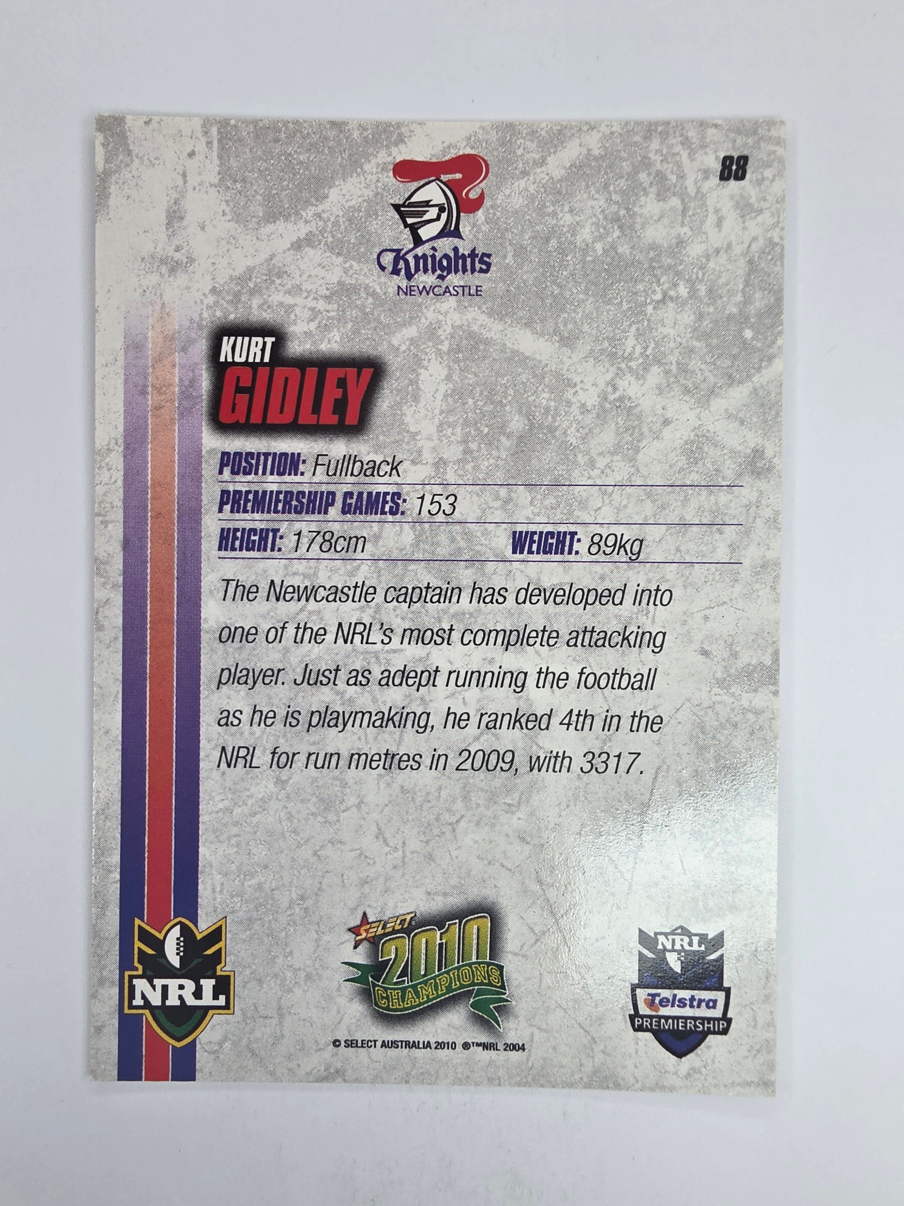 NRL 2010 Champions Base Card #88 Kurt Gidley Newcastle Knights