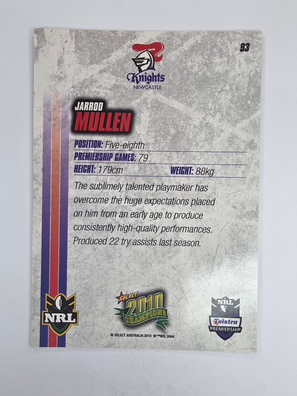 NRL 2010 Champions Base Card #93 Jarrod Mullen Newcastle Knights
