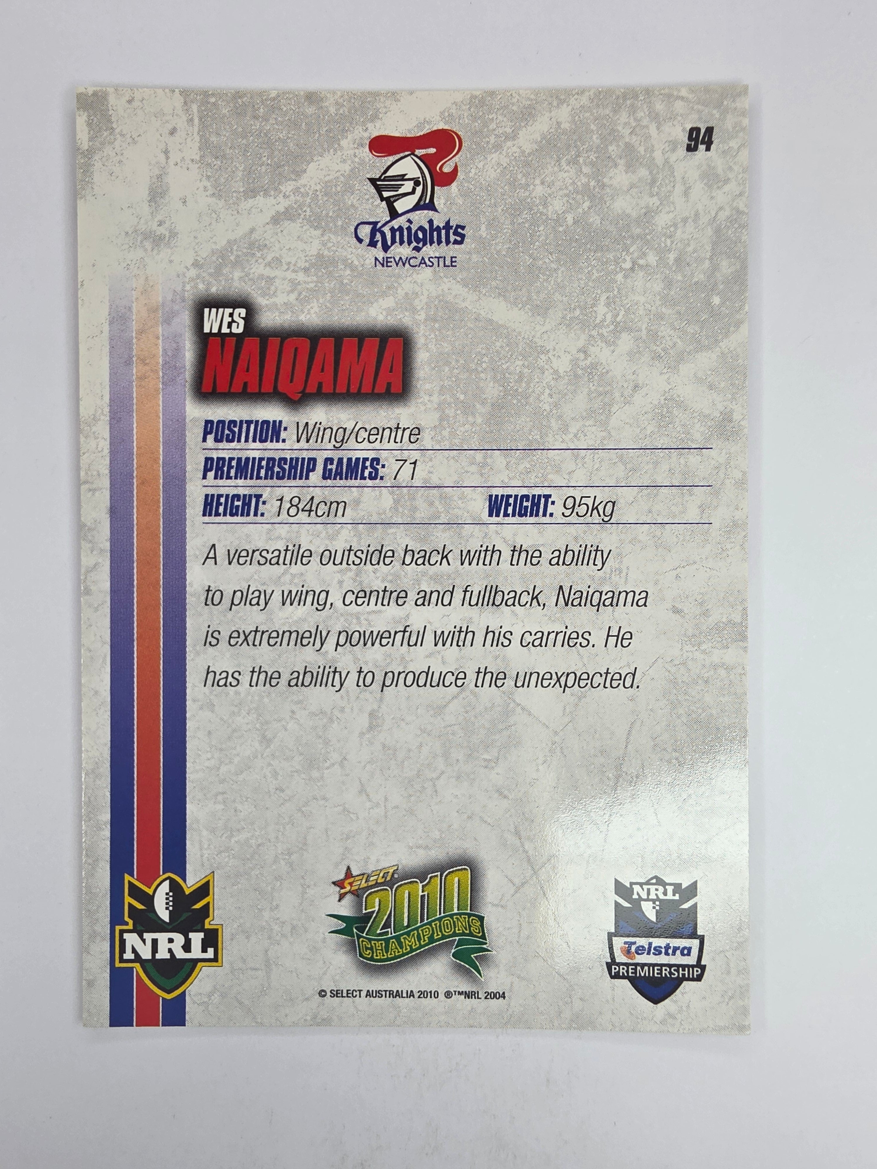 NRL 2010 Champions Base Card #94 Wes Naiqama Newcastle Knights