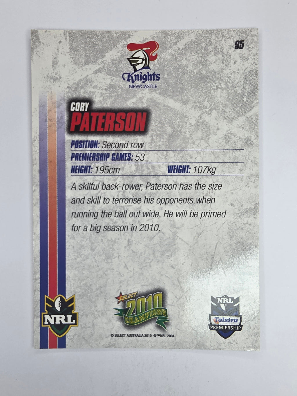 NRL 2010 Champions Base Card #95 Cory Paterson Newcastle Knights