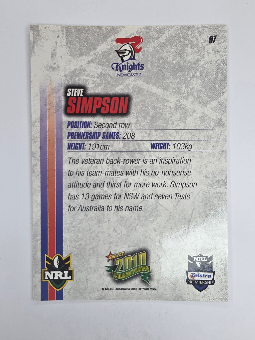NRL 2010 Champions Base Card #97 Steve Simpson Newcastle Knights