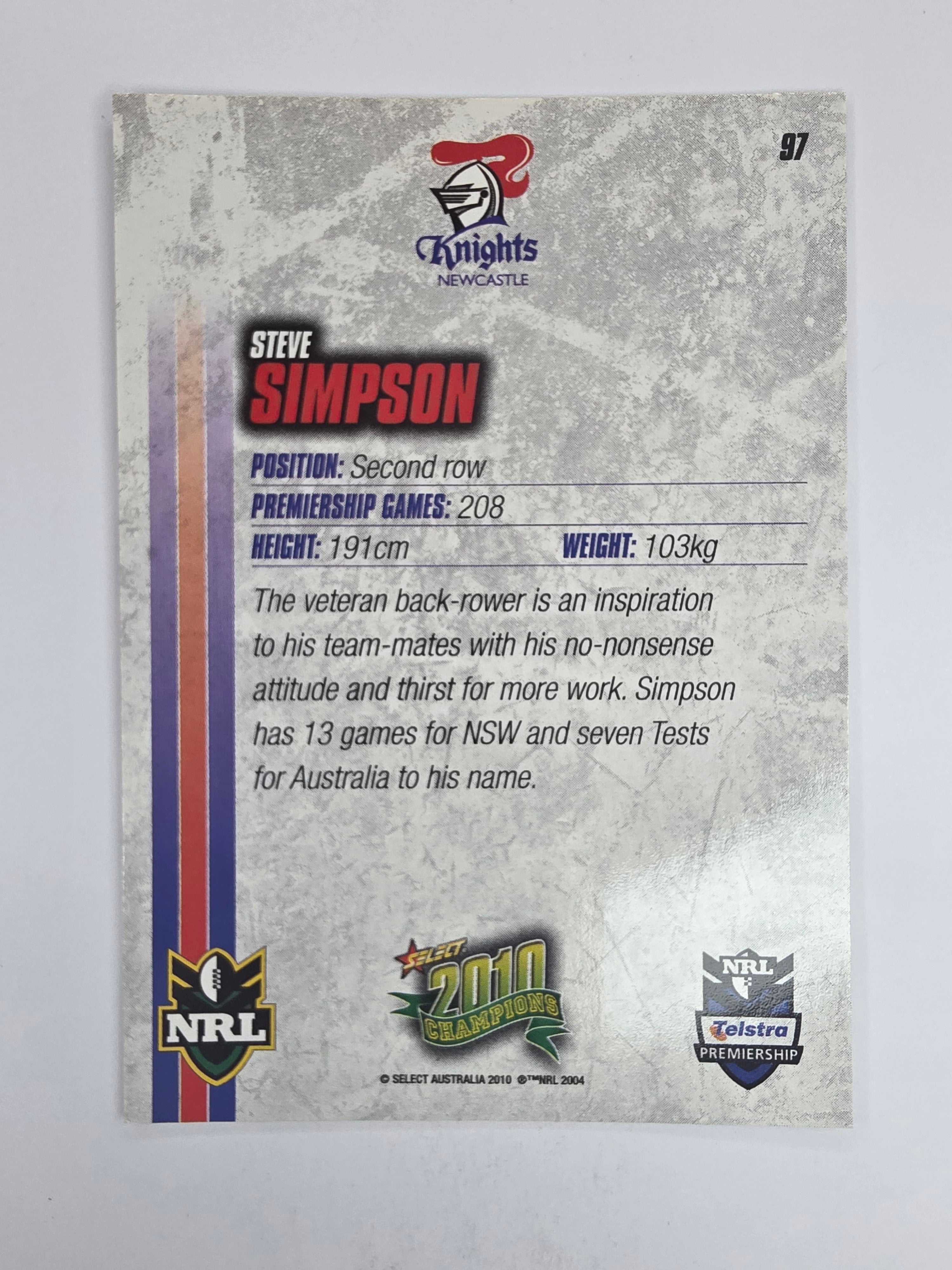 NRL 2010 Champions Base Card #97 Steve Simpson Newcastle Knights