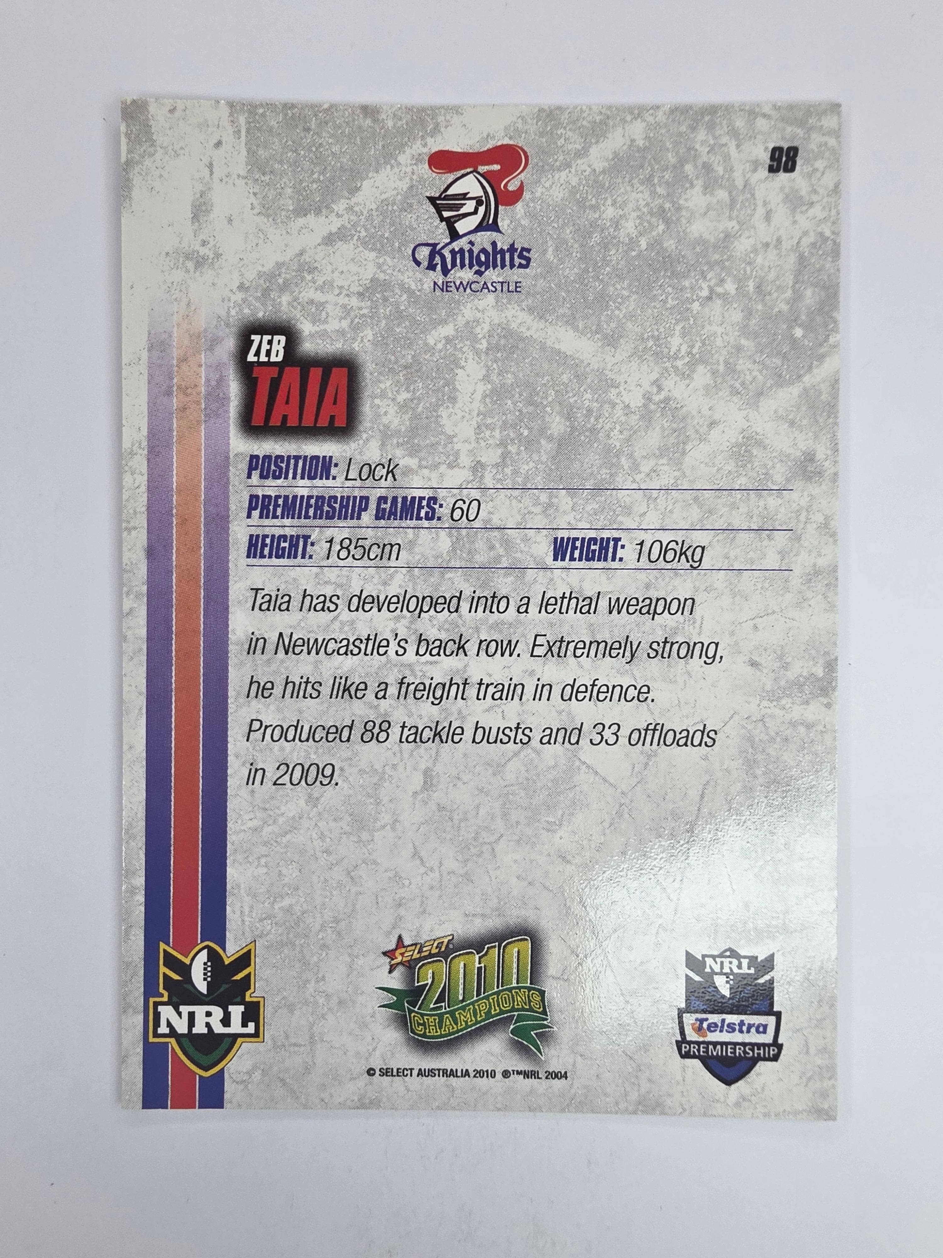 NRL 2010 Champions Base Card #98 Zeb Taia Newcastle Knights