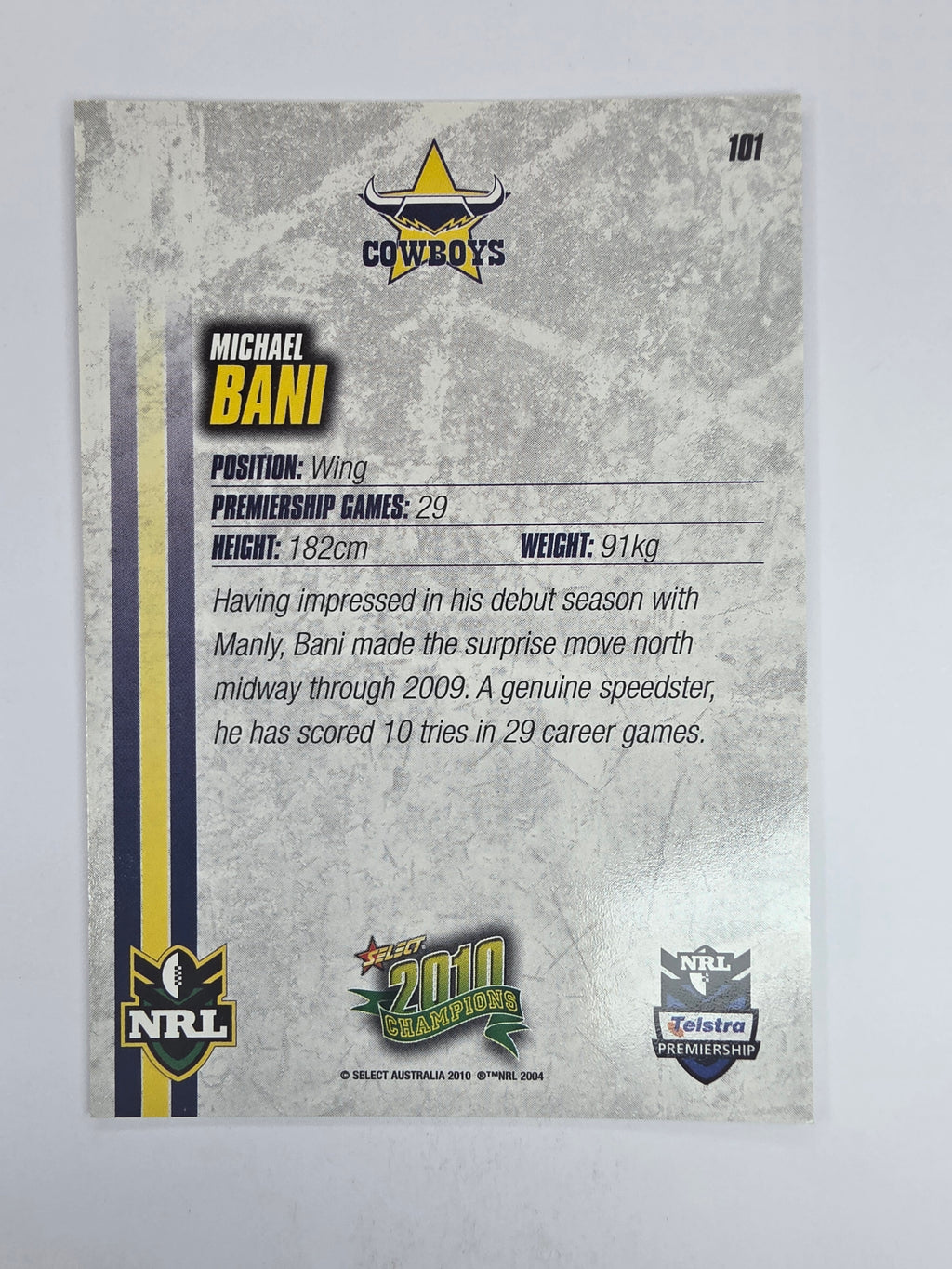 NRL 2010 Champions Base Card #101 Michael Bani North Queensland Cowboys