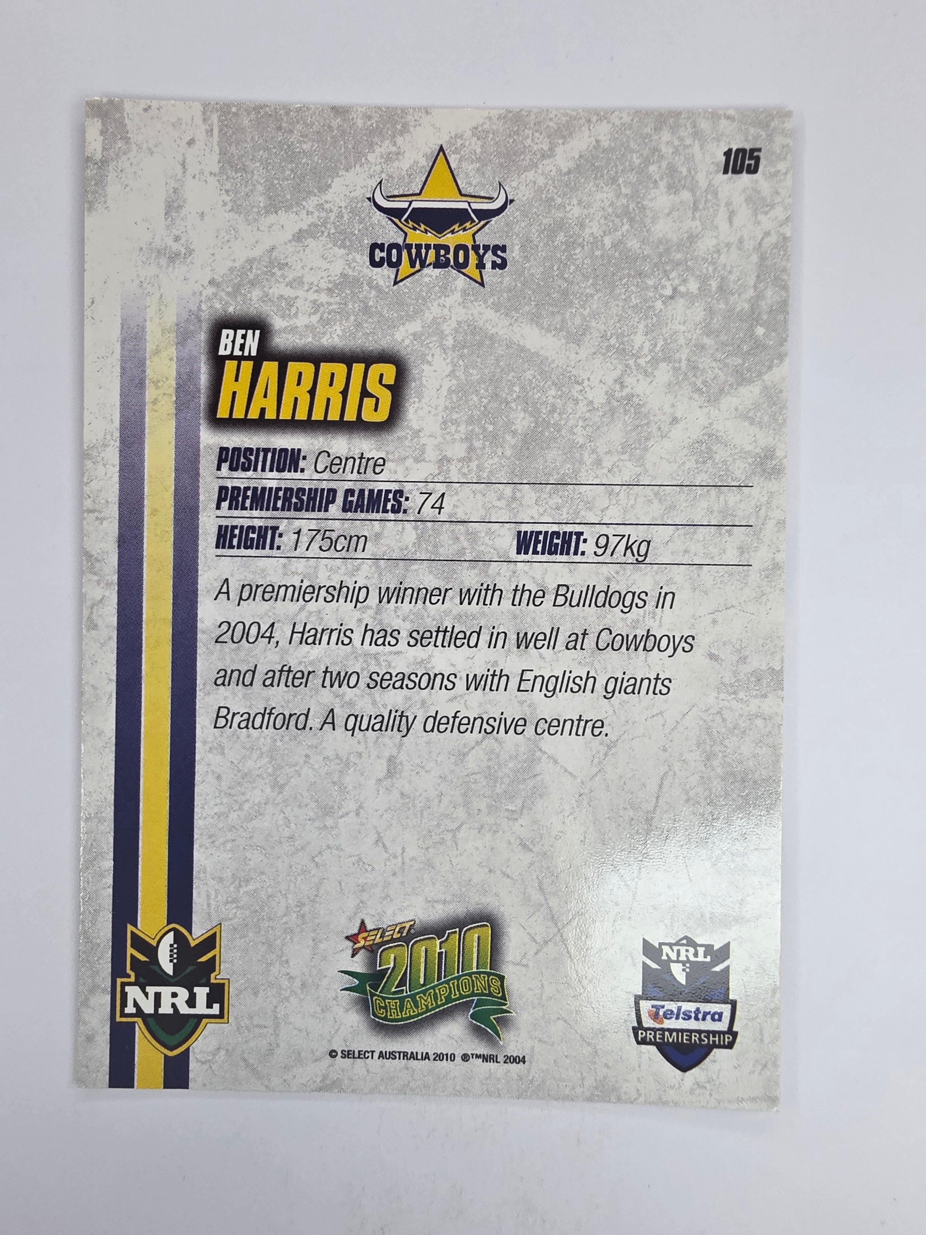 NRL 2010 Champions Base Card #105 Ben Harris North Queensland Cowboys