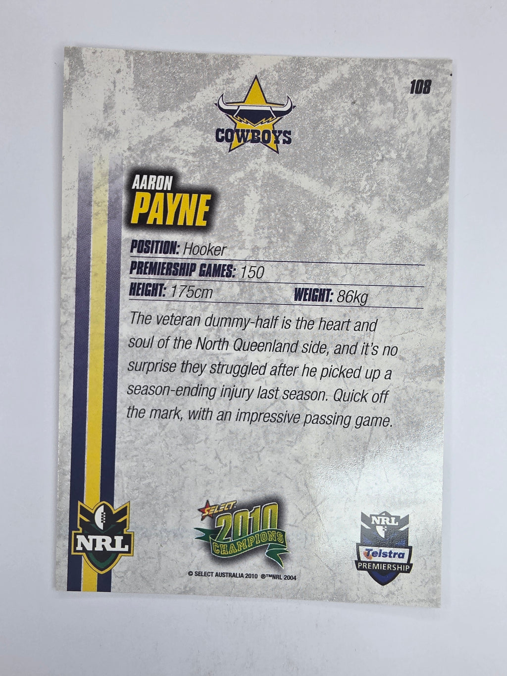 NRL 2010 Champions Base Card #108 Aaron Payne North Queensland Cowboys