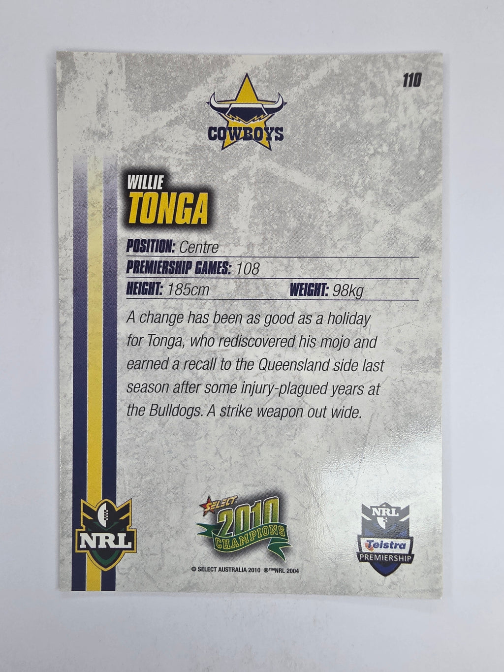 NRL 2010 Champions Base Card #110 Willie Tonga North Queensland Cowboys