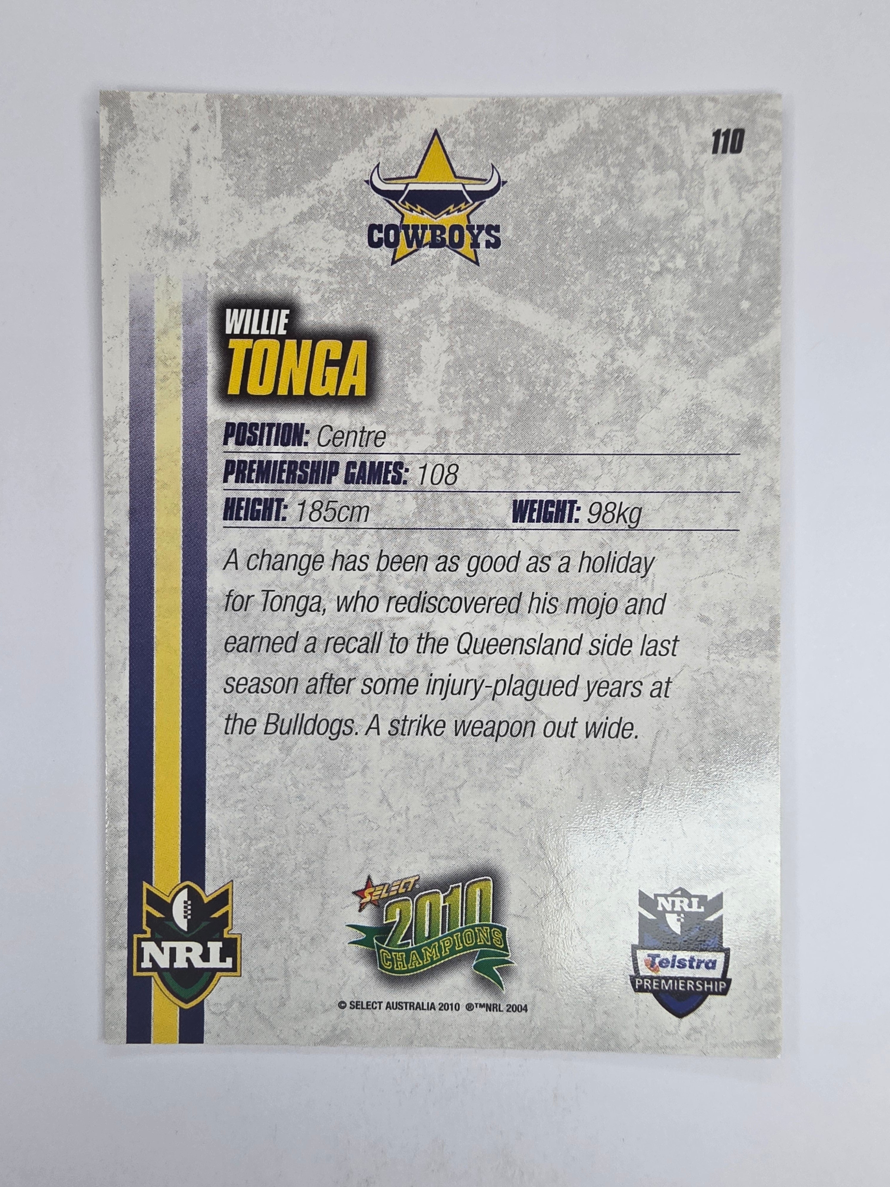 NRL 2010 Champions Base Card #110 Willie Tonga North Queensland Cowboys