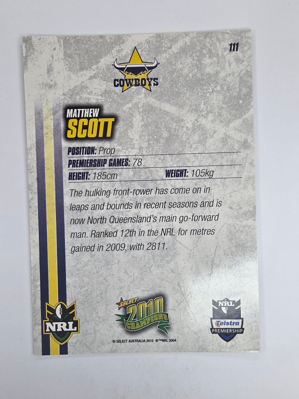 NRL 2010 Champions Base Card #111 Matthew Scott North Queensland Cowboys