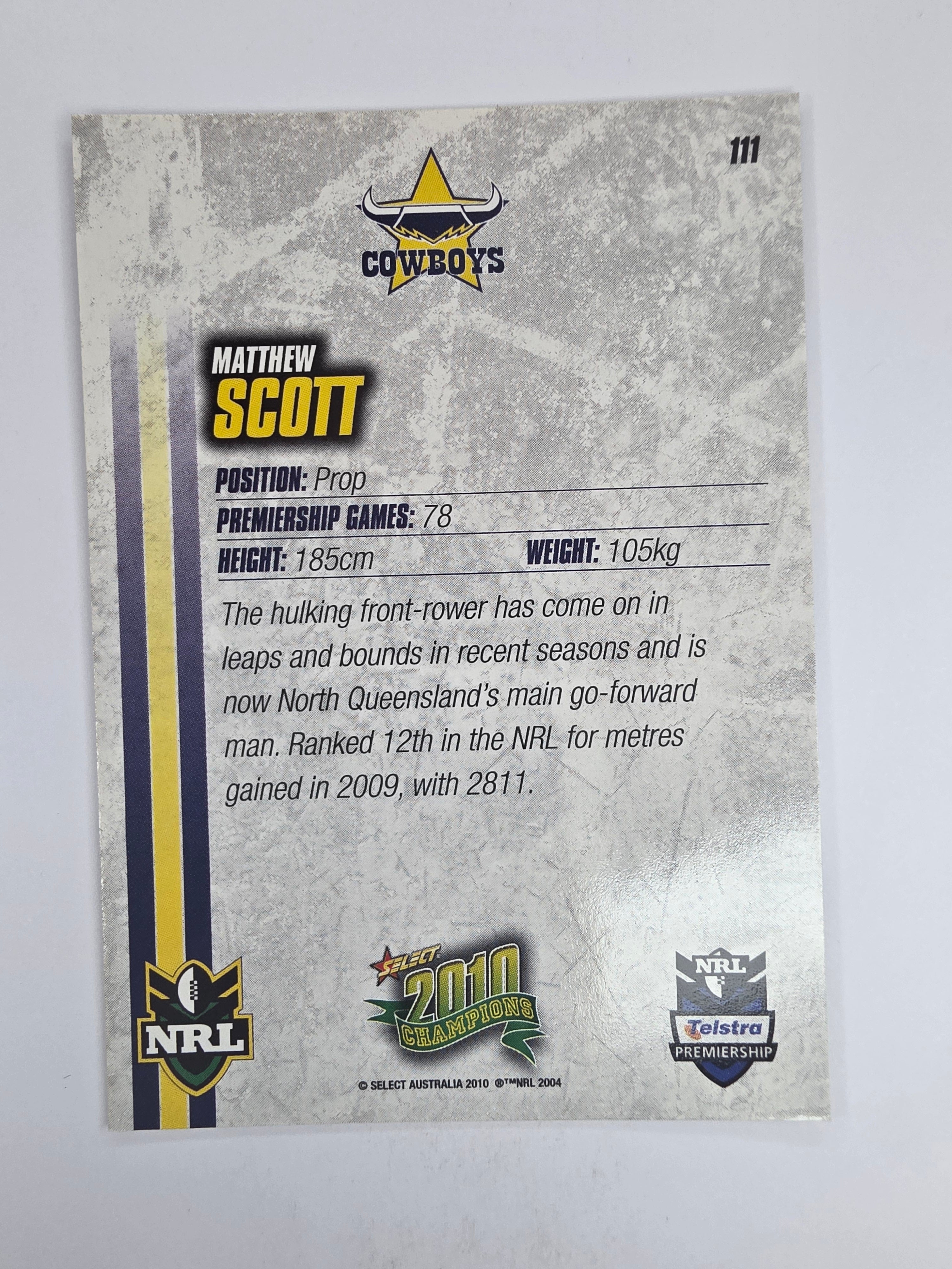 NRL 2010 Champions Base Card #111 Matthew Scott North Queensland Cowboys