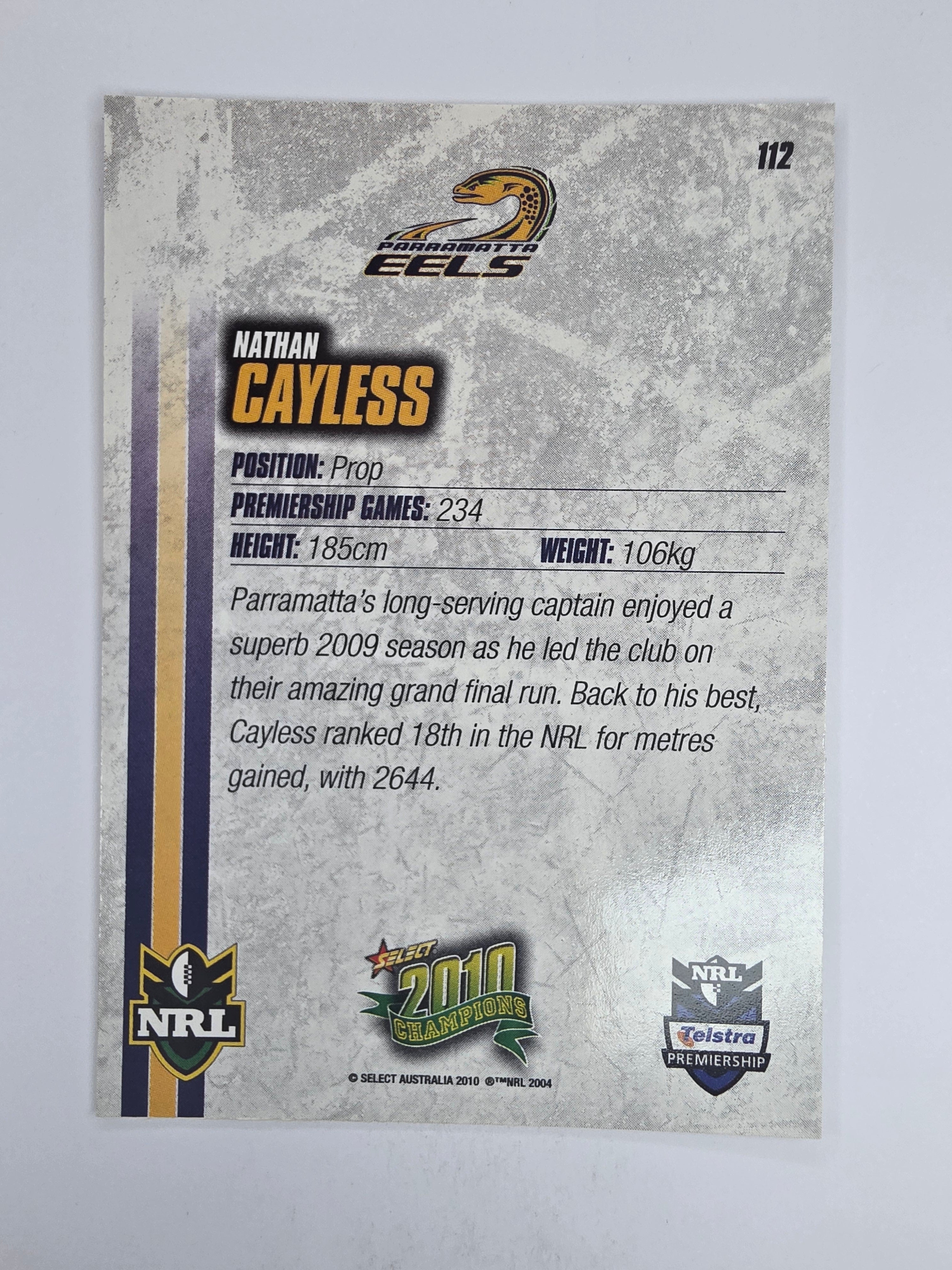 NRL 2010 Champions Base Card #112 Nathan Cayless Parramatta Eels