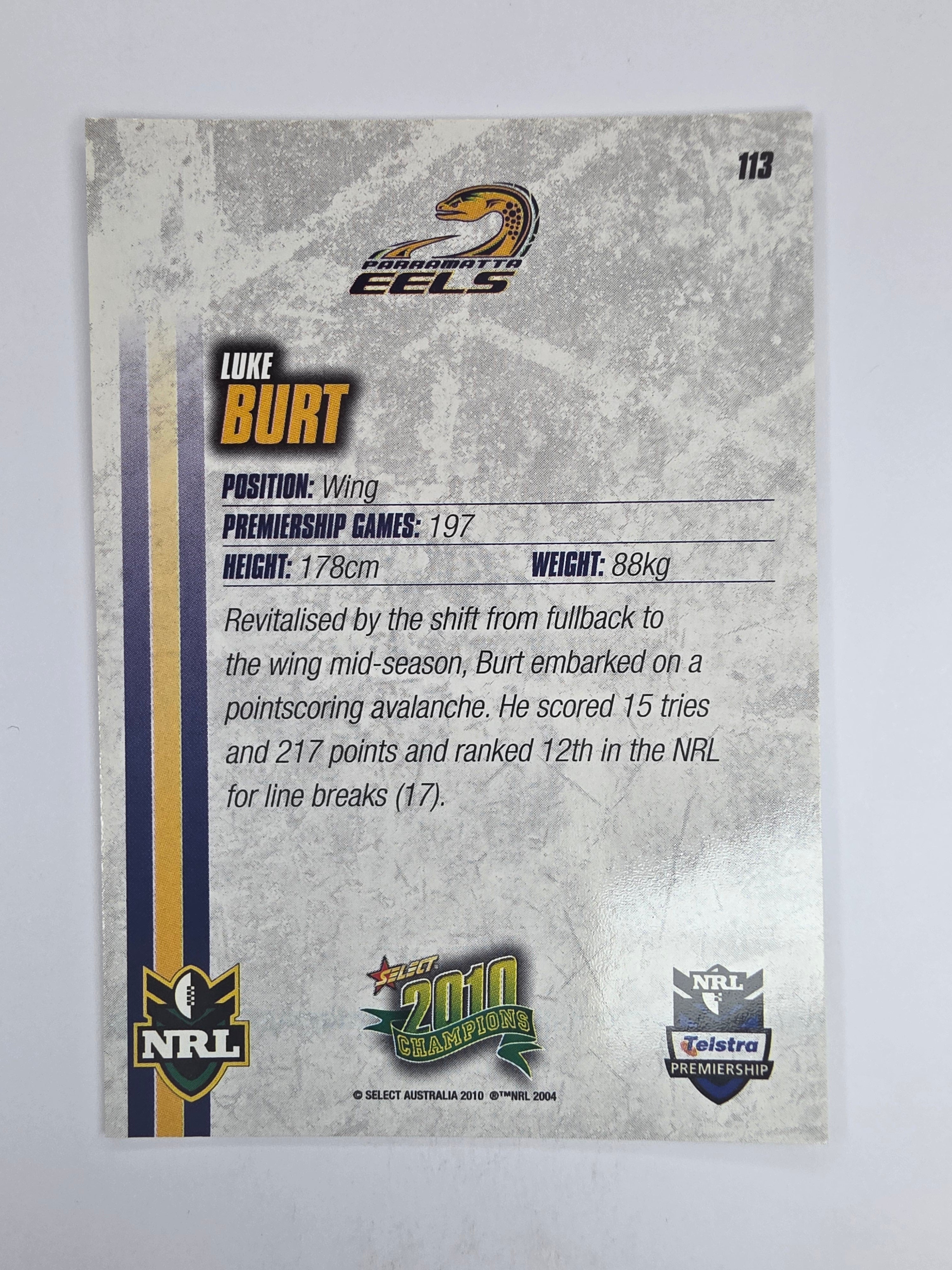 NRL 2010 Champions Base Card #113 Luke Burt Parramatta Eels
