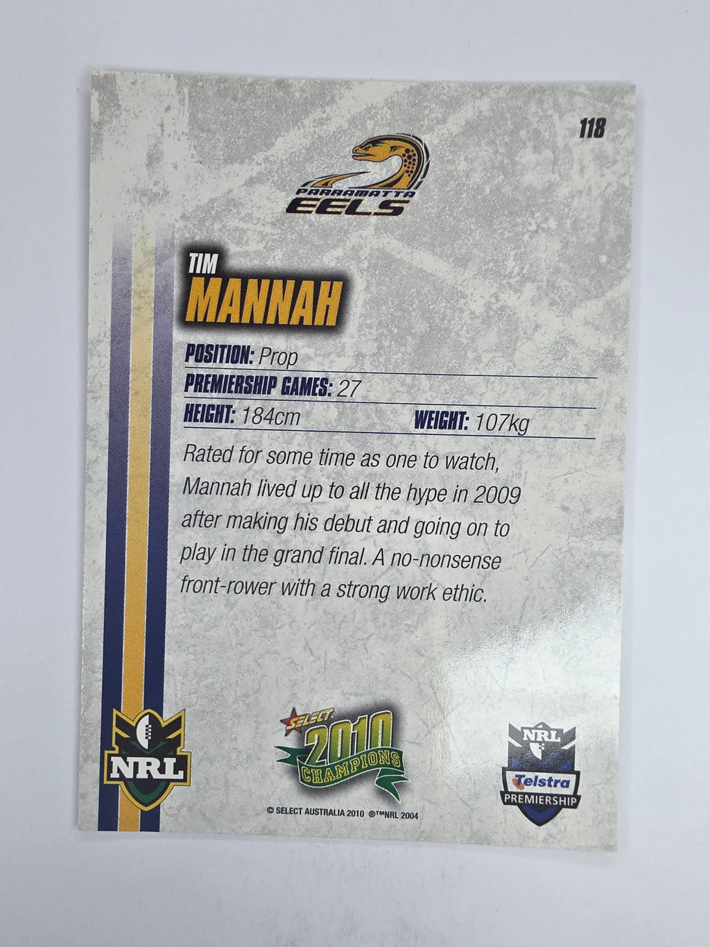 NRL 2010 Champions Base Card #118 Tim Mannah Parramatta Eels