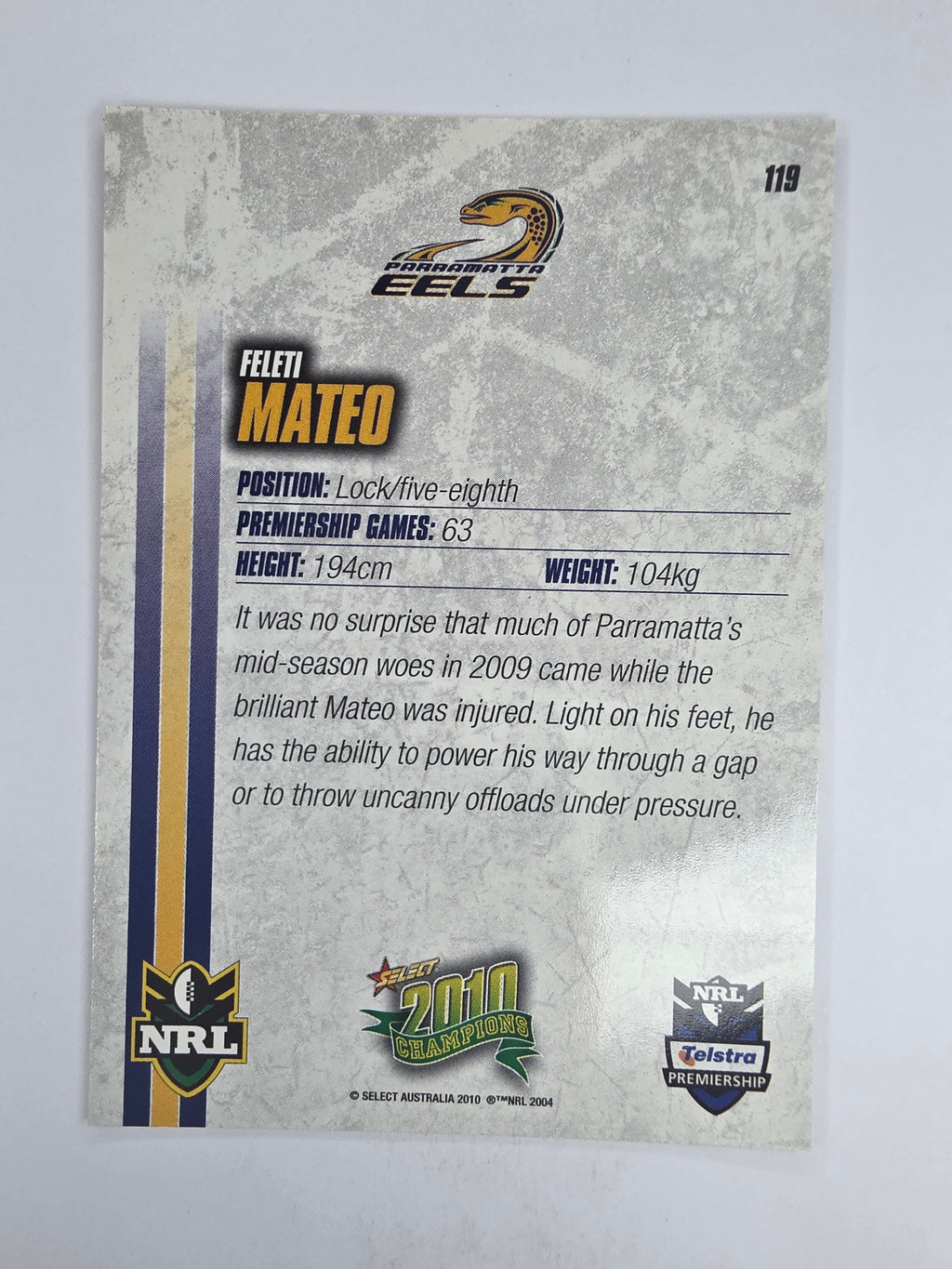 NRL 2010 Champions Base Card #119 Feleti Mateo Parramatta Eels