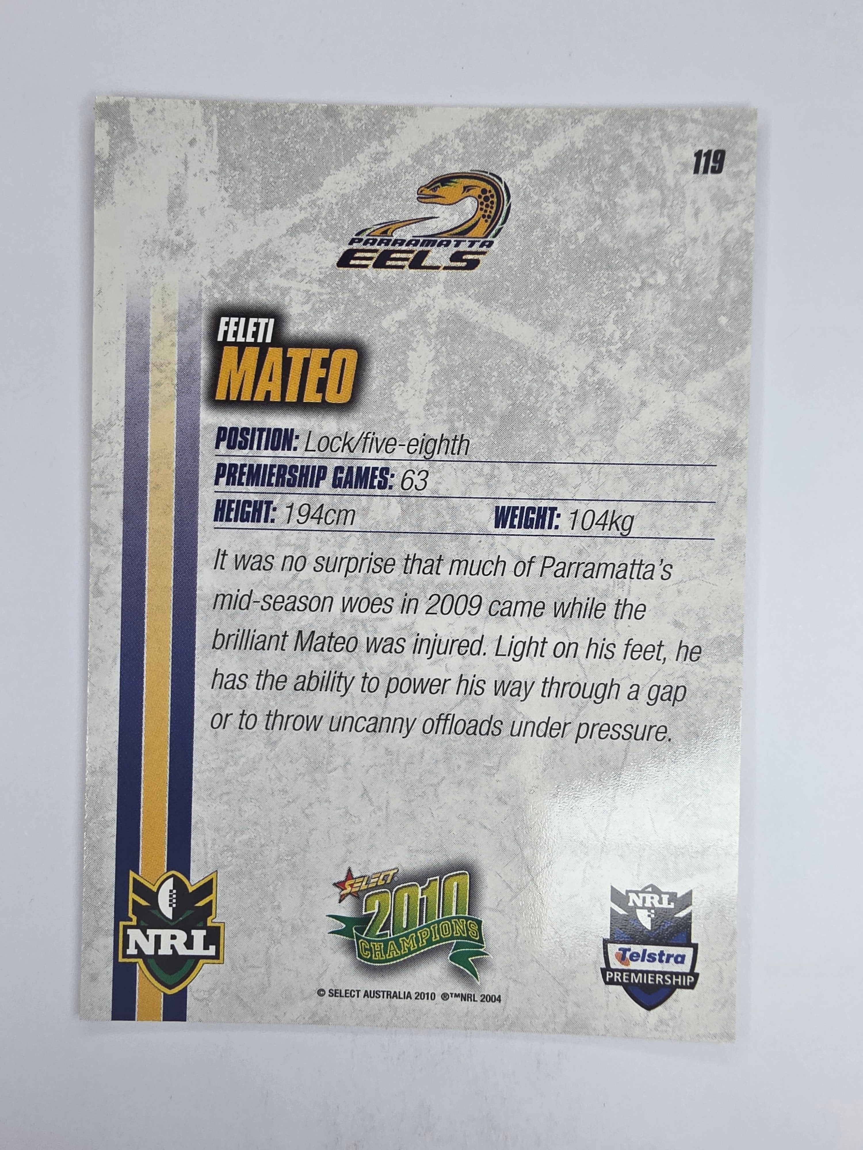 NRL 2010 Champions Base Card #119 Feleti Mateo Parramatta Eels