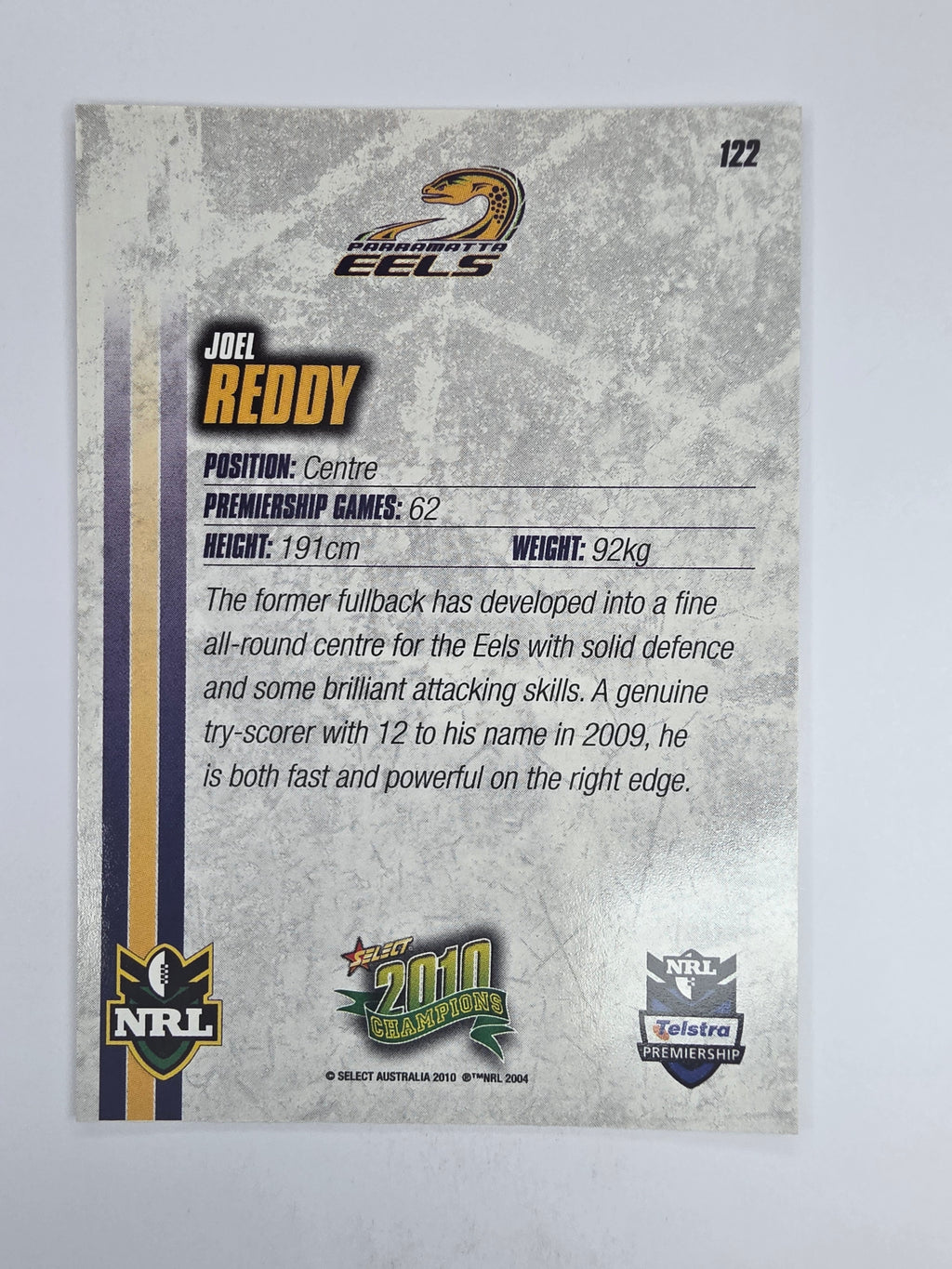 NRL 2010 Champions Base Card #122 Joel Reddy Parramatta Eels