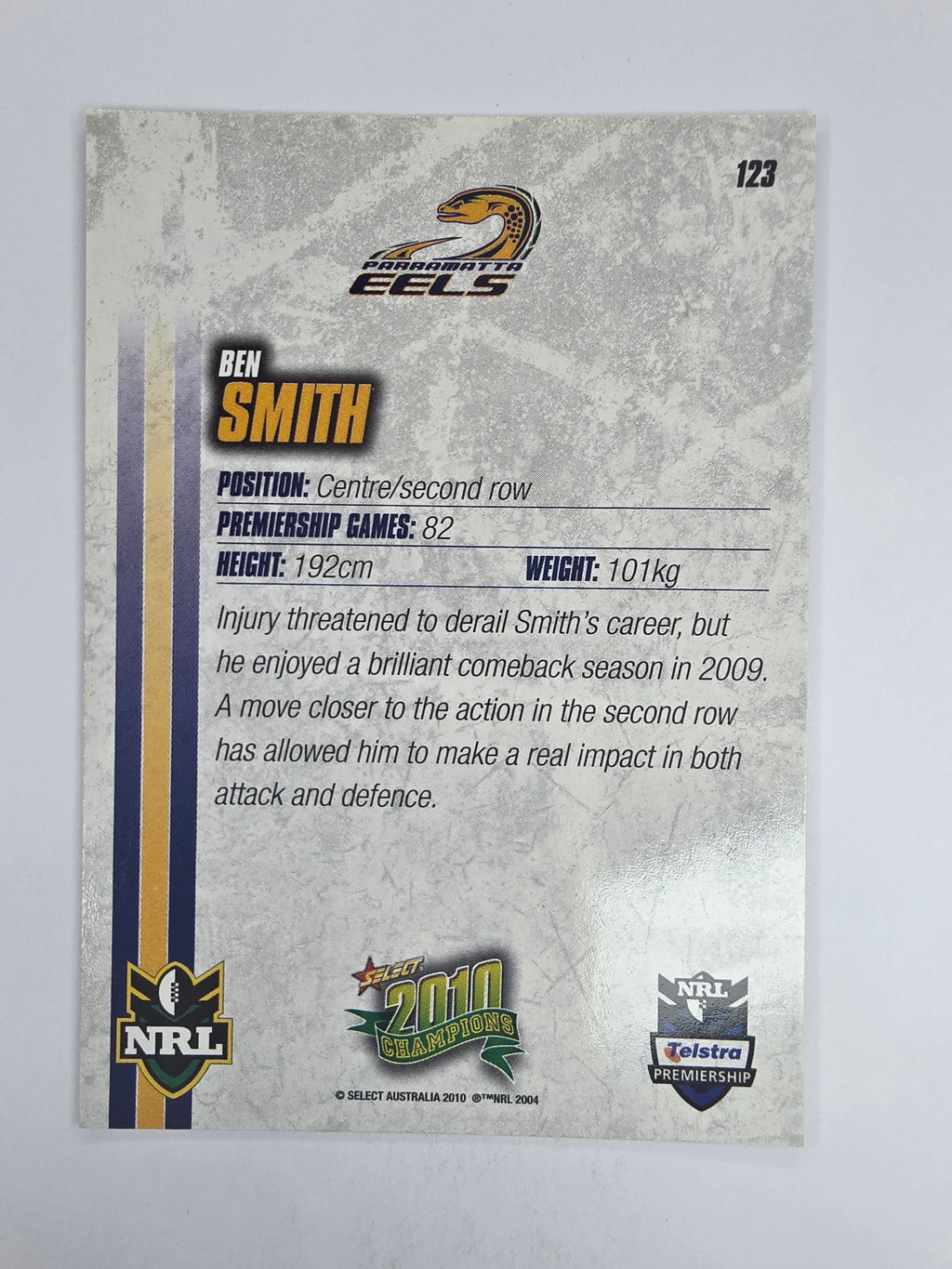 NRL 2010 Champions Base Card #123 Ben Smith Parramatta Eels