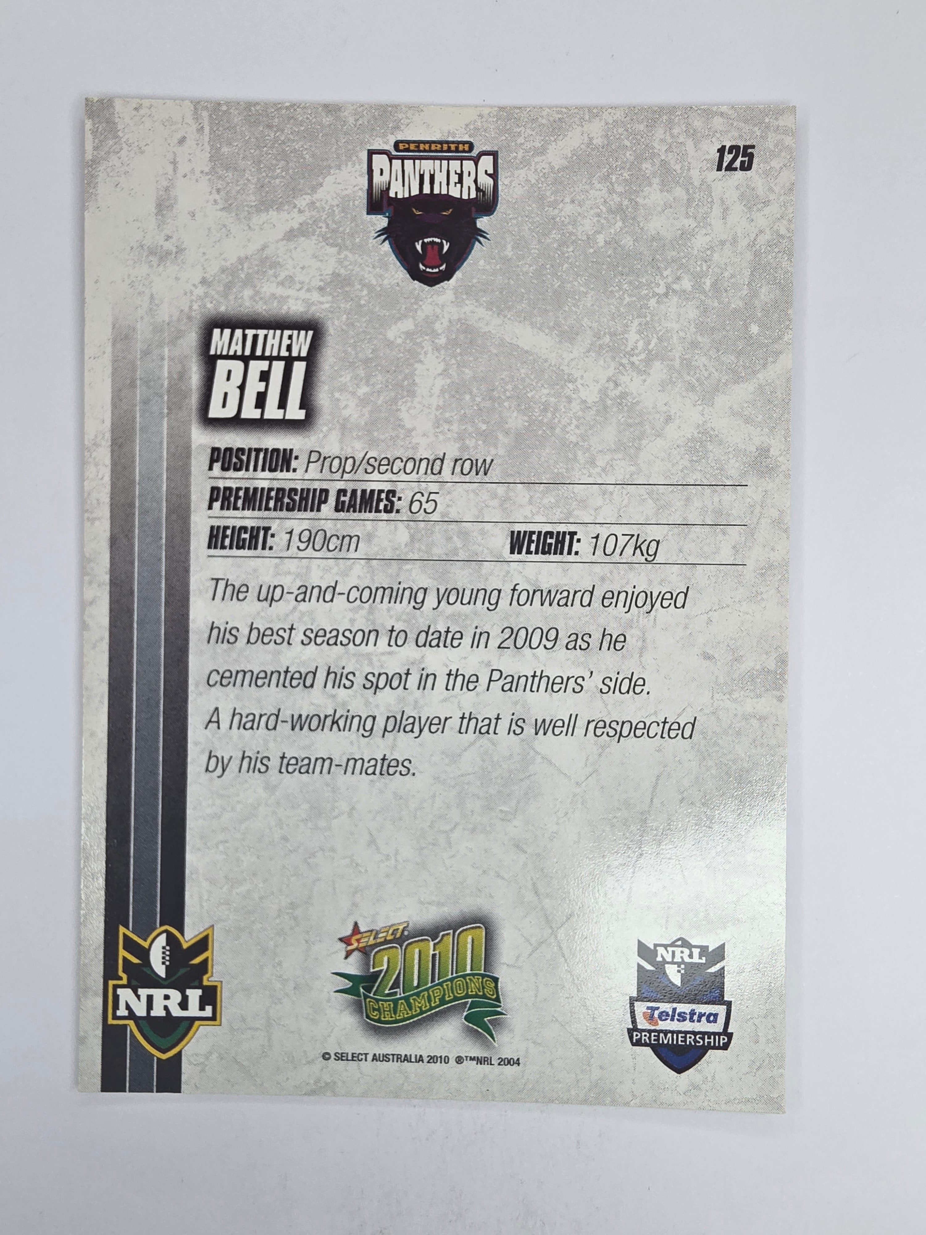 NRL 2010 Champions Base Card #125 Matthew Bell Penrith Panthers