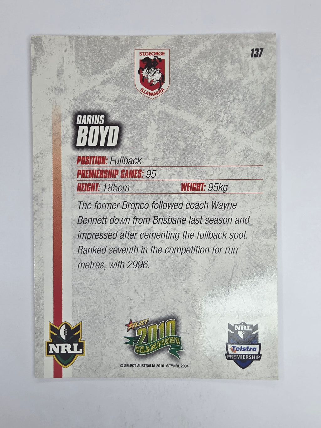NRL 2010 Champions Base Card #137 Darius Boyd St George Illawarra Dragons