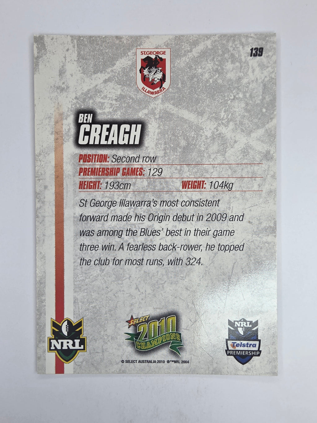 NRL 2010 Champions Base Card #139 Ben Creagh St George Illawarra Dragons