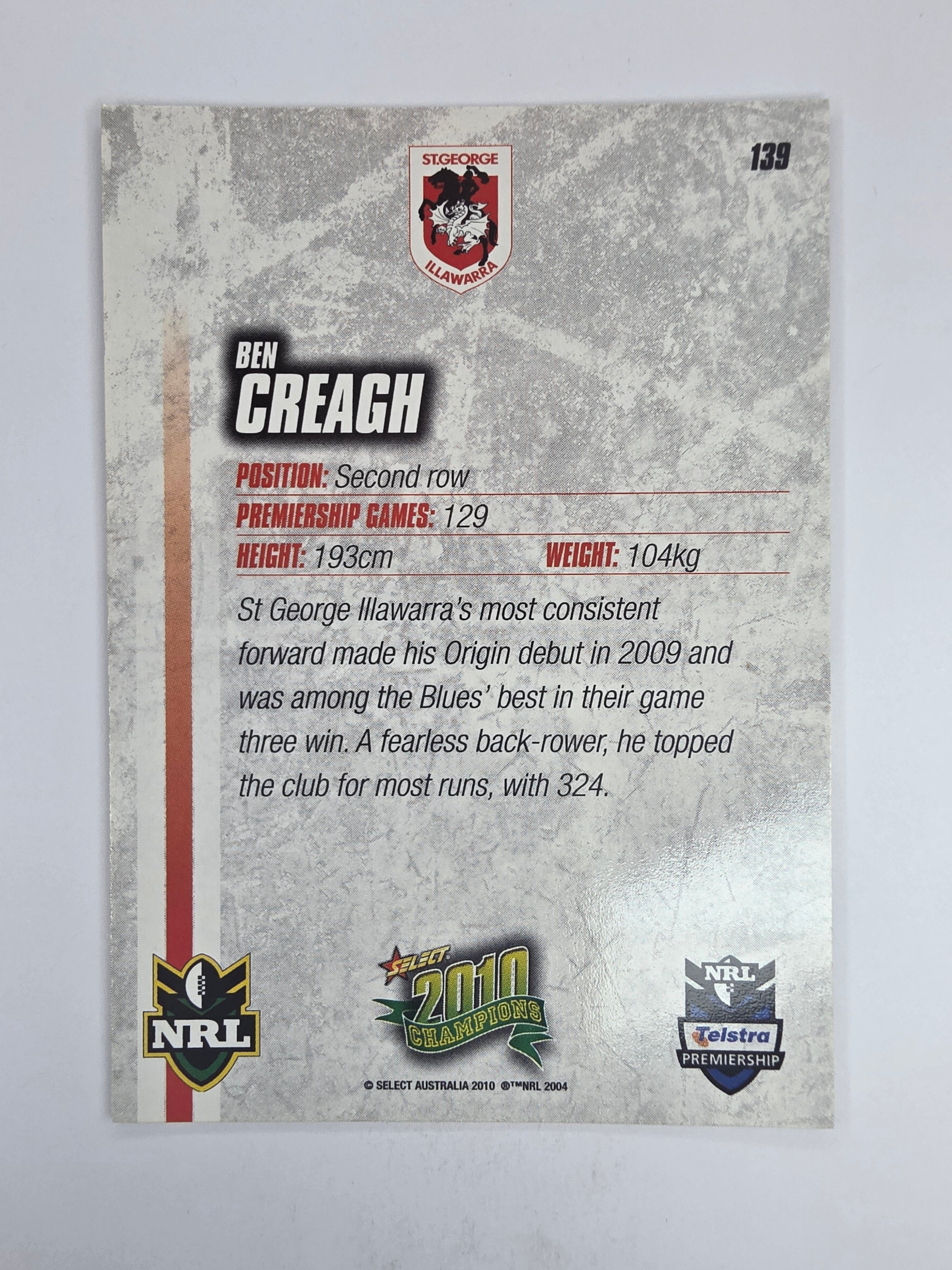 NRL 2010 Champions Base Card #139 Ben Creagh St George Illawarra Dragons