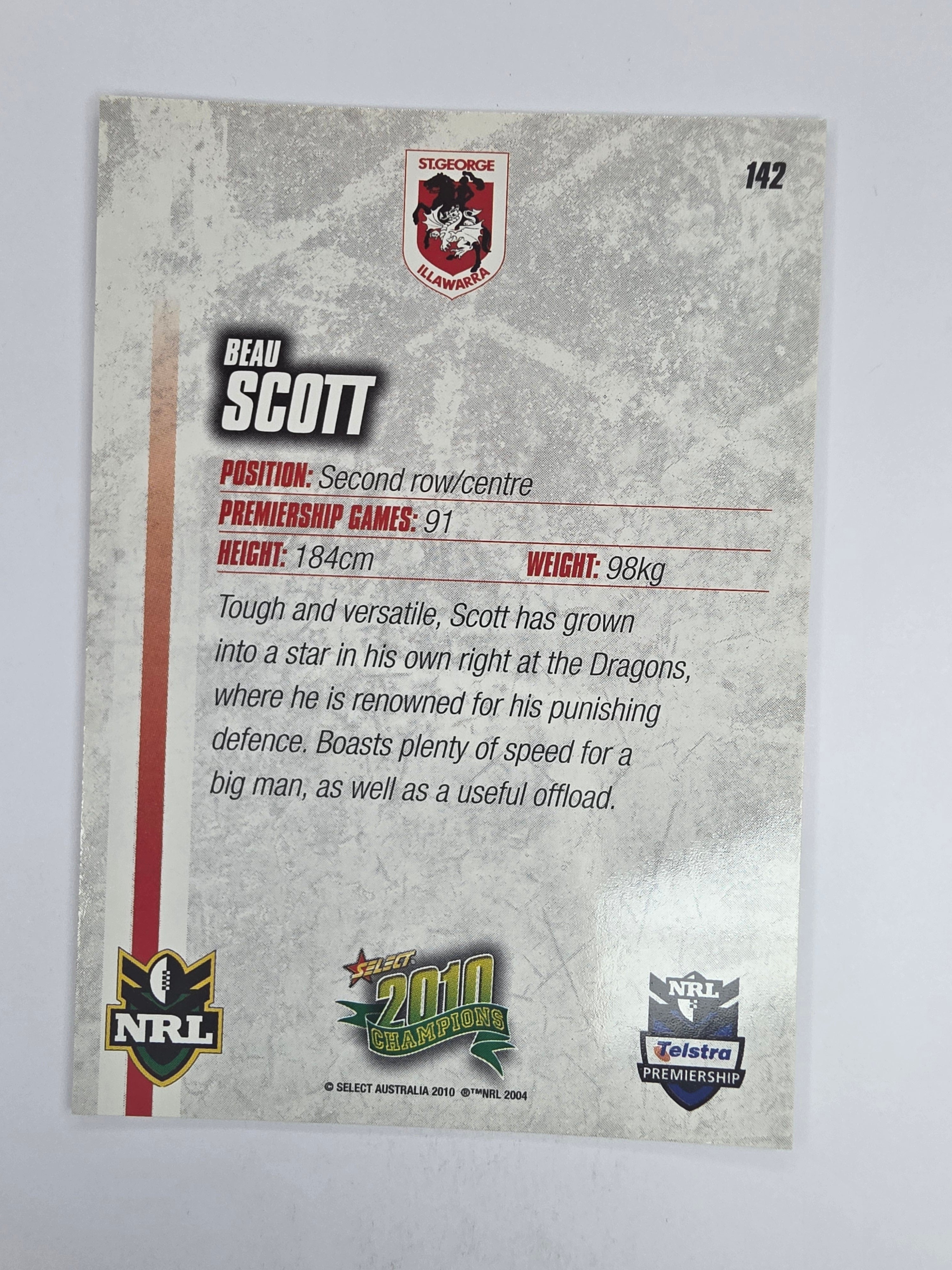 NRL 2010 Champions Base Card #142 Beau Scott St George Illawarra Dragons