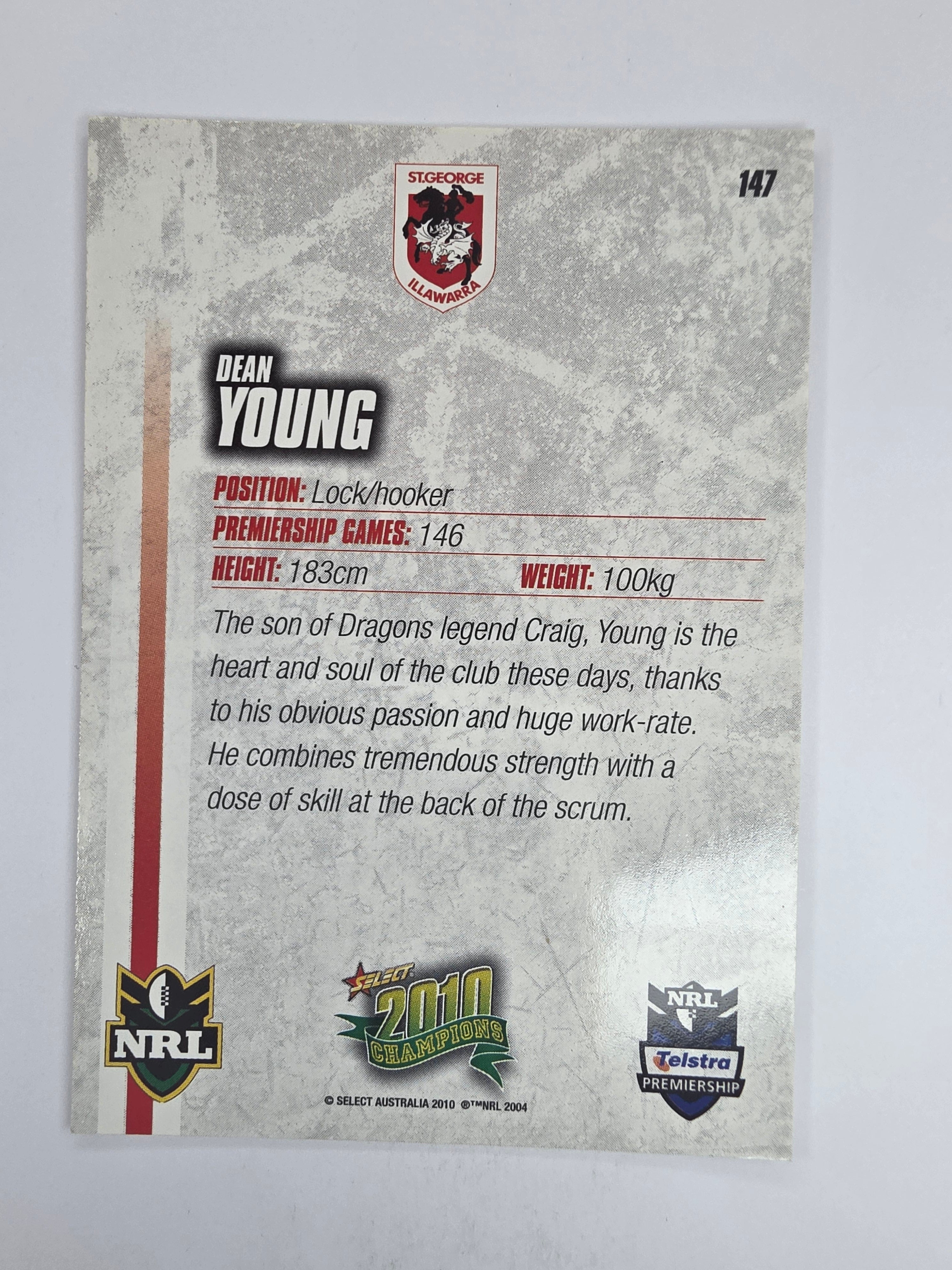NRL 2010 Champions Base Card #147 Dean Young St George Illawarra Dragons