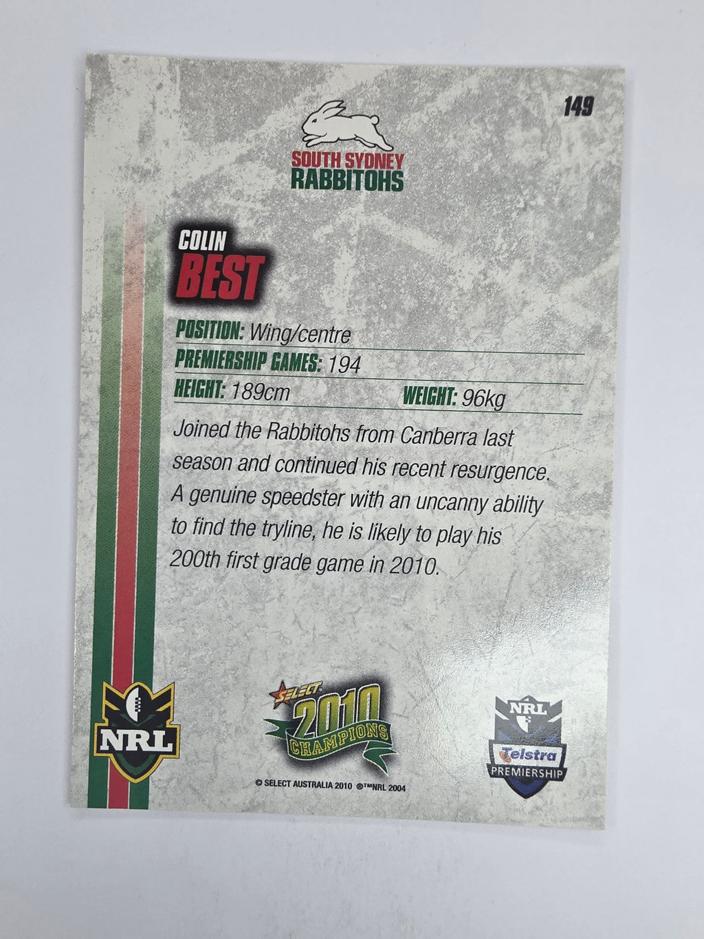 NRL 2010 Champions Base Card #149 Colin Best South Sydney Rabbitohs